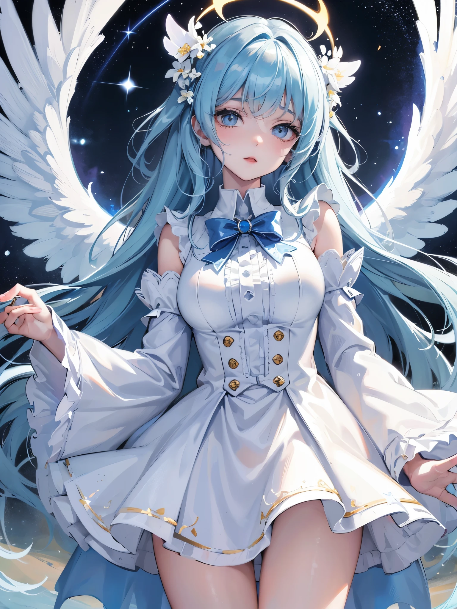 tmasterpiece, (Best quality:1.2), [:Complicated details:0.2], 1 plump girl,  Angelic, the angel's wings, White frills, (Daytime sky), A flashing halo, intense concentration, Burst energy, mystic symbols, scintillation particles,