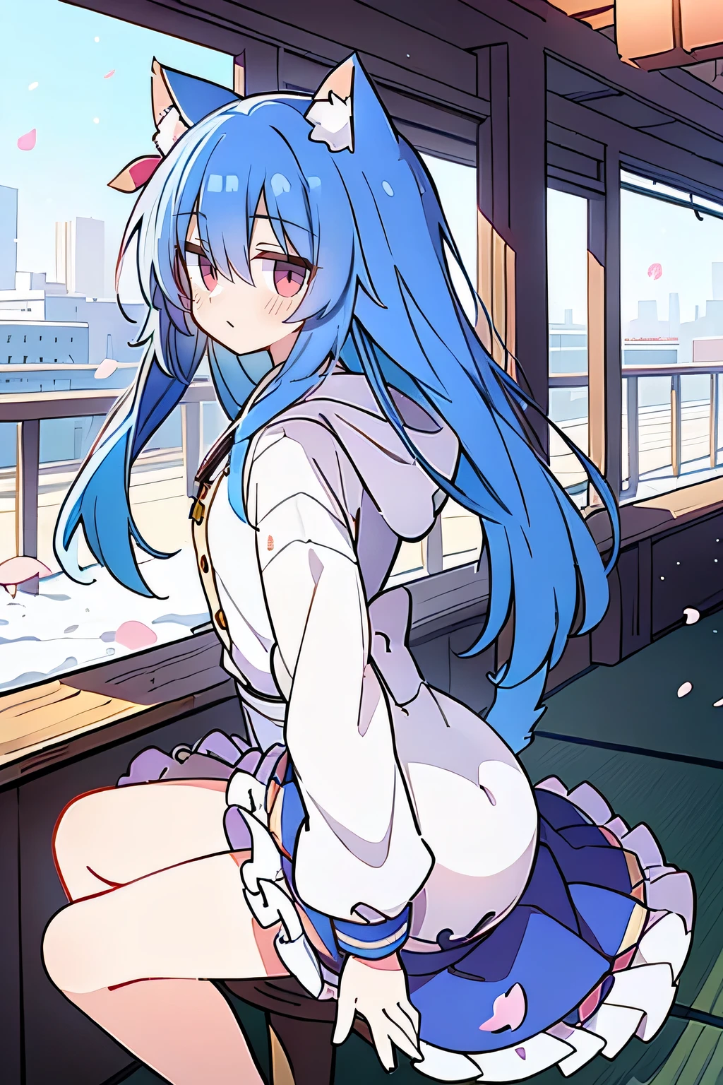 （masterpiece：1.2），Super detailed，lifelike，Expressive eyes，fair skin，perfect face shape，1 girl，
Japanese comics,Gorgeous blue hair,flowing blue hair,flowing clothes,Cat ears,Petals fall,beautiful lola,Baby Angel,
Shaking head with one hand，Cross your legs，Gentle and peaceful background，The pavilion is cool and comfortable,smile, wearing hoodie, background of tokyo,back views,heavy snowing, winter.