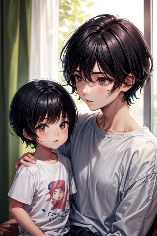 Boy with short black hair Childhood remains I'm a guy so I don't have boobs She is happily wearing a short-sleeved shrine maiden outfit and dancing in the Kagura hall.