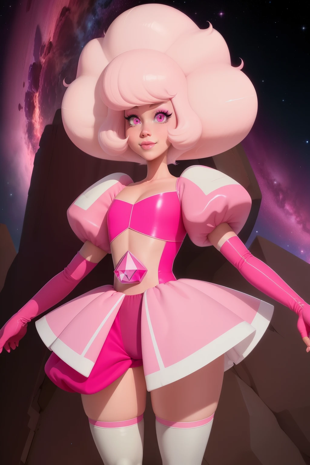 pnkdamond, pink hair, pink eyes, big hair, stomach gem, pink skin, toned,
puffy short sleeves, elbow gloves , white thighhighs, puffy dress,
standing, upper body,
outerspace,
(insanely detailed, beautiful detailed face,beautiful detailed eyes, masterpiece, best quality) cinematic lighting, smile,