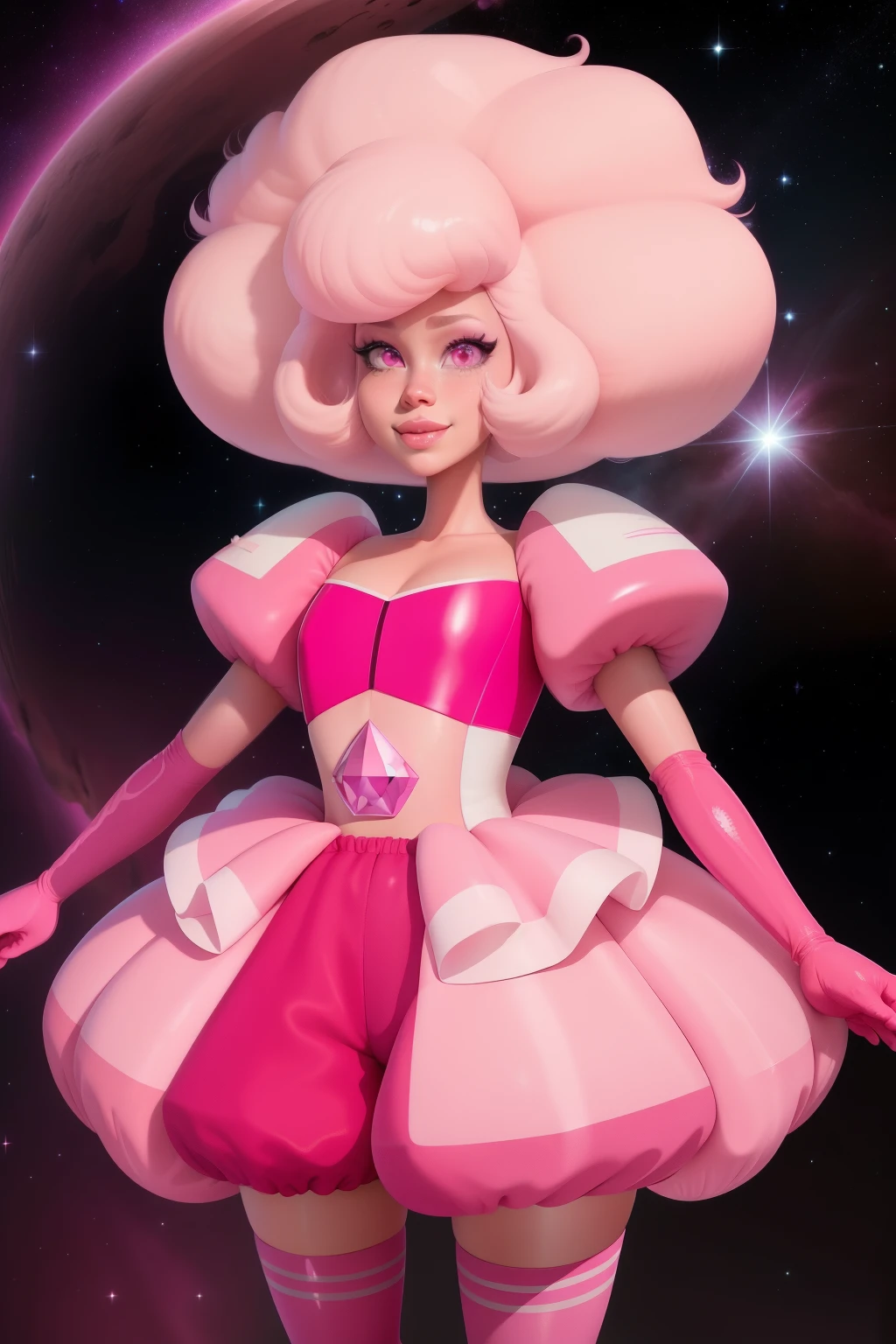 pnkdamond, pink hair, pink eyes, big hair, stomach gem, pink skin, toned,
puffy short sleeves, elbow gloves , white thighhighs, puffy dress,
standing, upper body,
outerspace,
(insanely detailed, beautiful detailed face,beautiful detailed eyes, masterpiece, best quality) cinematic lighting, smile,