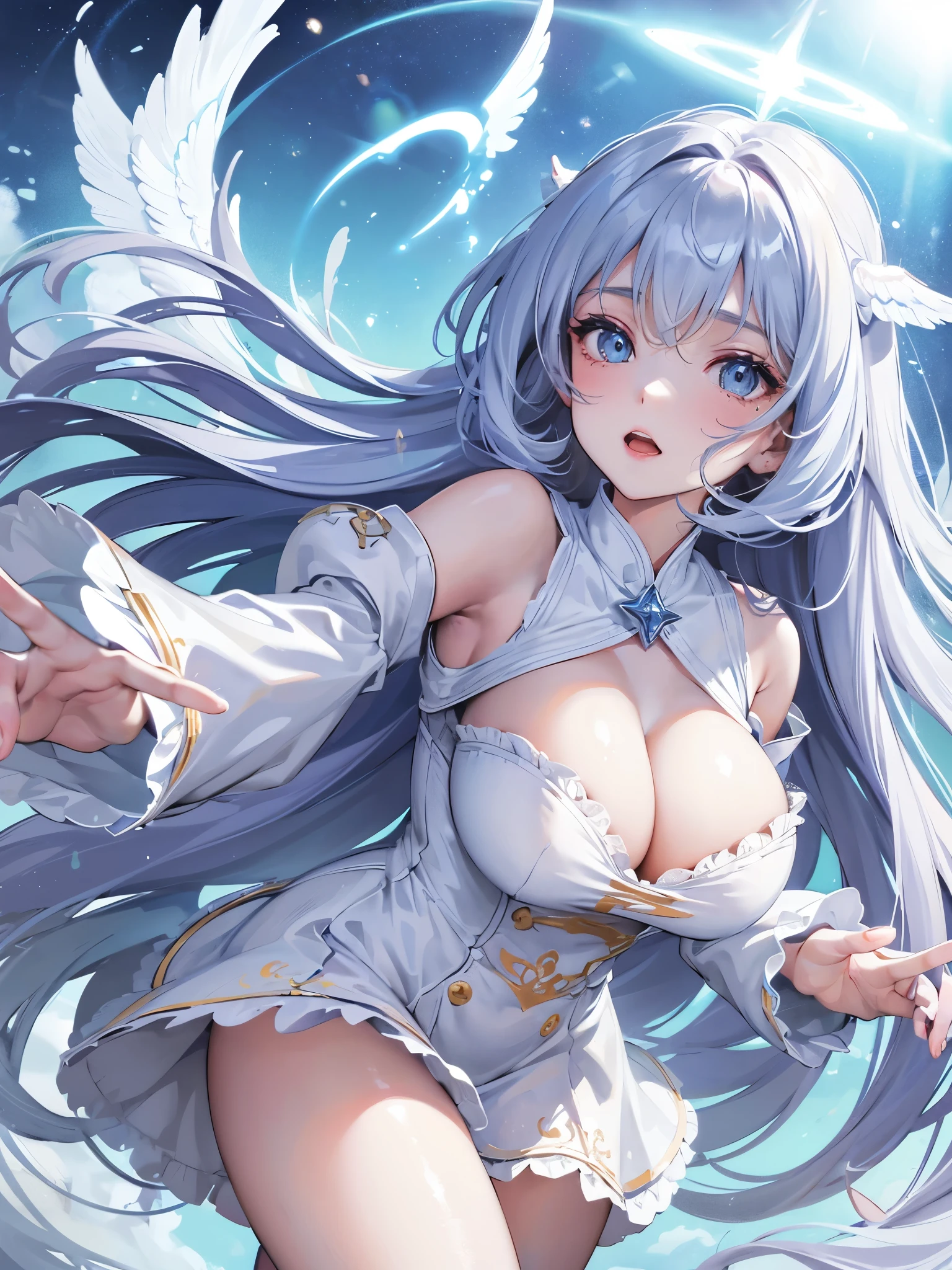 tmasterpiece, (Best quality:1.2), [:Complicated details:0.2], 1 plump girl,  Angelic, the angel's wings, White frills, (Daytime sky), A flashing halo, intense concentration, Burst energy, mystic symbols, scintillation particles,