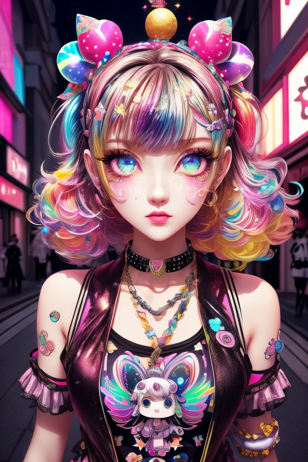 This is a colorful and ornate (masterpiece). Generate a trendy decora woman in the colorful and busy streets of Akihabara, Tokyo. Generate a lovely decora adult woman in the style of Olya Anufrieva on Artstation and Harajuku street fashion. Her clothes are vibrant in the Harajuku style. Include oversized accessories, neon colors, and inventive layering. The woman's clothes and accessories should be highly ornate in the ((((Harajuku decora)))) and decora kei style. The woman's hair is curly and glossy and styled cutely. The woman's clothes and accessories should be highly ornate in the Harajuku decora and decora kei style. Her eyes are important and stunning, with interesting coloring and patterns. ((((iridescence and shimmer)))), glitter, best eyes, best quality, cyberpunk kei, visual kei, selfie, bold colors and patterns, LED lights, ((glowing neon signs)), ((ultra detailed)), dynamic composition, (((decora)))