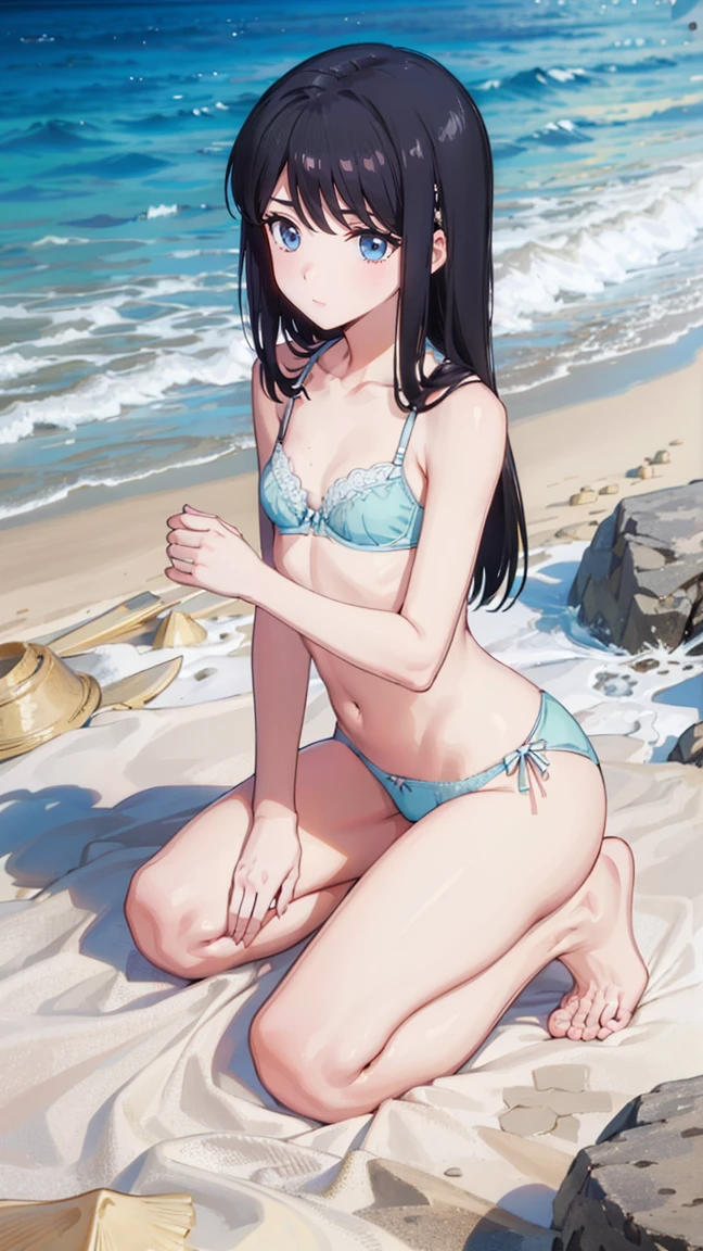 woman,Full body photo, Full Body Shot,((on the beach. ))) Best image quality, high quality, The background is clear，きれいなwoman, Japanese, detailed, detailed eyes, detailed skin, Beautiful Skin, 超High resolution, (reality: 1.4),とても美しいwoman, A  younger face, Beautiful Skin, thin, (Ultra-photorealism), (High resolution), (8k), (非常にdetailed) (Beautiful and detailed eyes), (非常にdetailed), (detailed face), Displaying the viewer, Fine details, detailed face, Staring straight ahead, Staring straight ahead, Photo Real, Baby Ftyle: long hair,smile,(((String Bra、String Panties)))(Flat chested,)(((flat chests,)))((smile,))hair over one eye, from below,Are standing、
