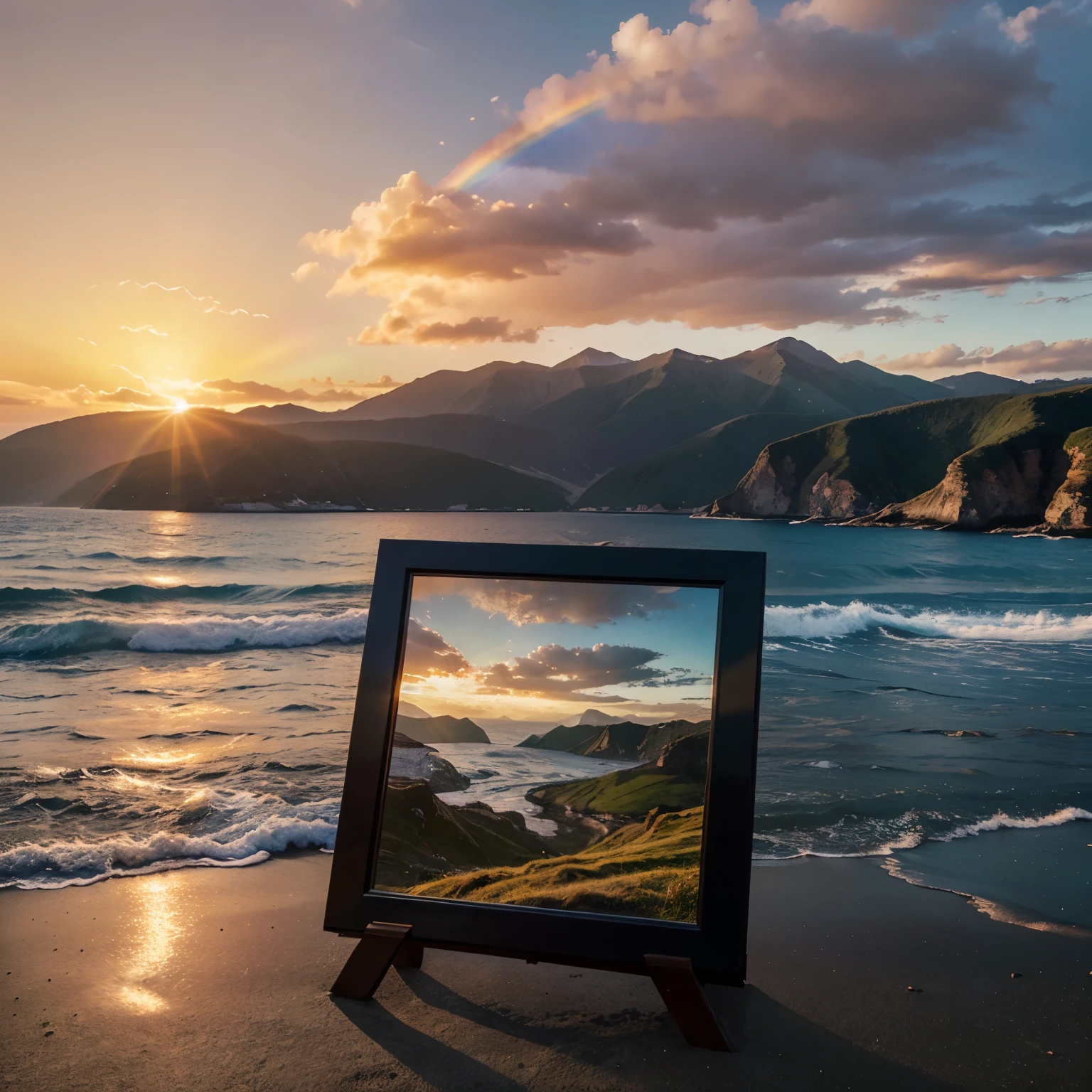 Create an image with a landscape frame featuring rainbow colors and a sunrise over the sea on the left side of the frame. The background should include mountains and natural scenery with a windy effect.