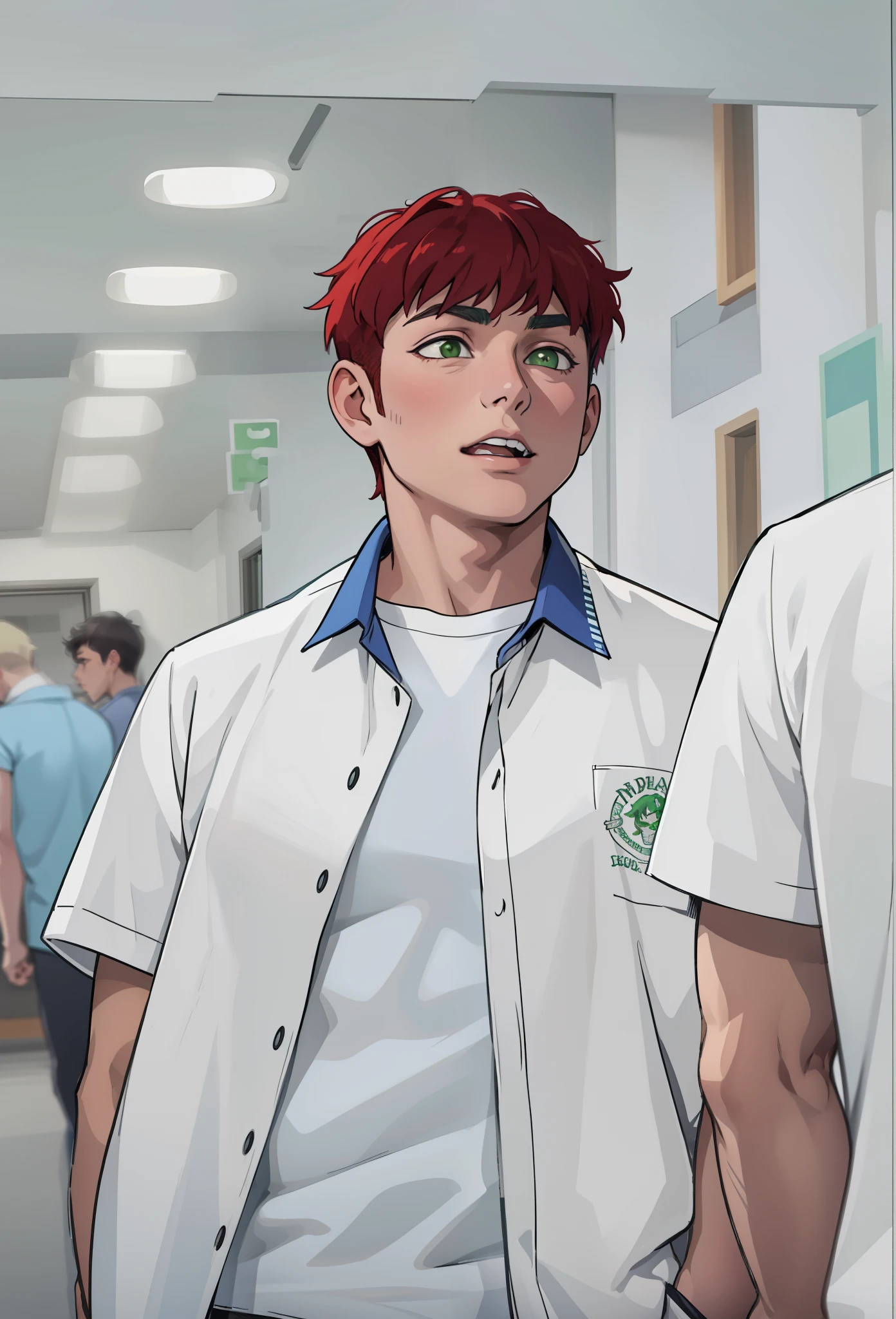He has green hair. There are 3 young men, 16 years old, who are bullying. He is insulting.
