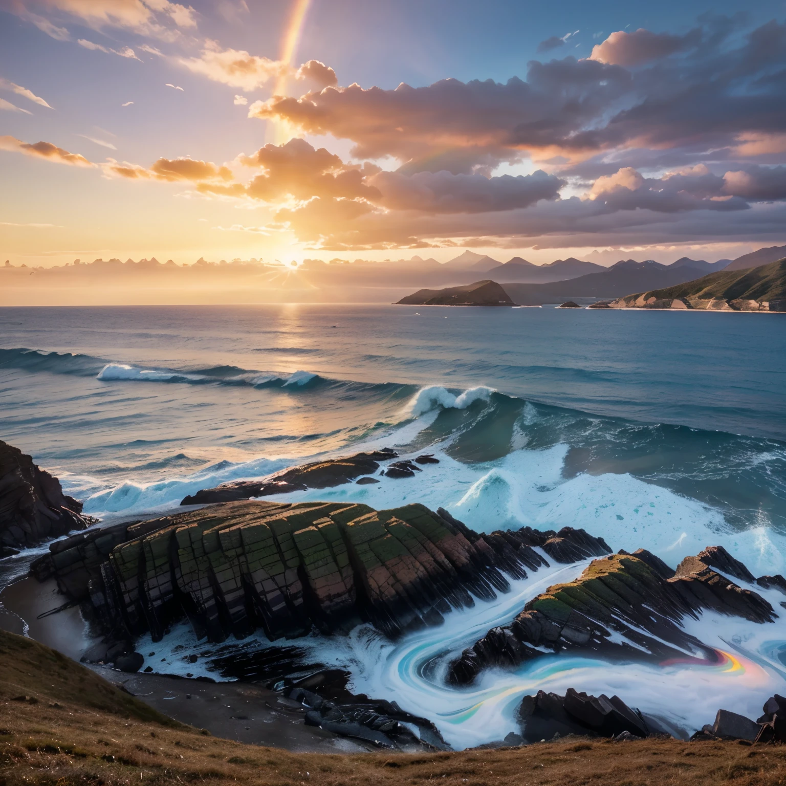 Create an image with a landscape frame featuring rainbow colors and a sunrise over the sea on the left side of the frame. The background should include mountains and natural scenery with a windy effect.