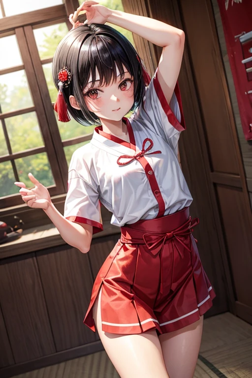 Boy with short black hair　hood remains　She is happily wearing a short-sleeved shrine maiden outfit and dancing in the Kagura hall.