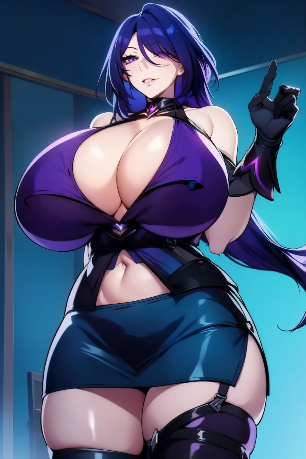 An anime-style artwork depicting acheron from the game Honkai star rail.

Tags: acheronhsr, anime, detailed eyes, detailed lips, (black skirt suit:1.1), cleavage, pencil skirt, miniskirt,curvy, thighs, higheels, shiny clothes, skin tight, cleavage, smiling expression, intense gaze, glowing emblem on hand, dynamic pose, mystical background, vibrant colors, digital art, high-resolution, professional quality, gigantic breasts, (underboob : 1.4), curvy, cowboy shot, (gigantic breasts: 1.4), (purple eyes: 1.4), (blue hair: 1.6), short hair