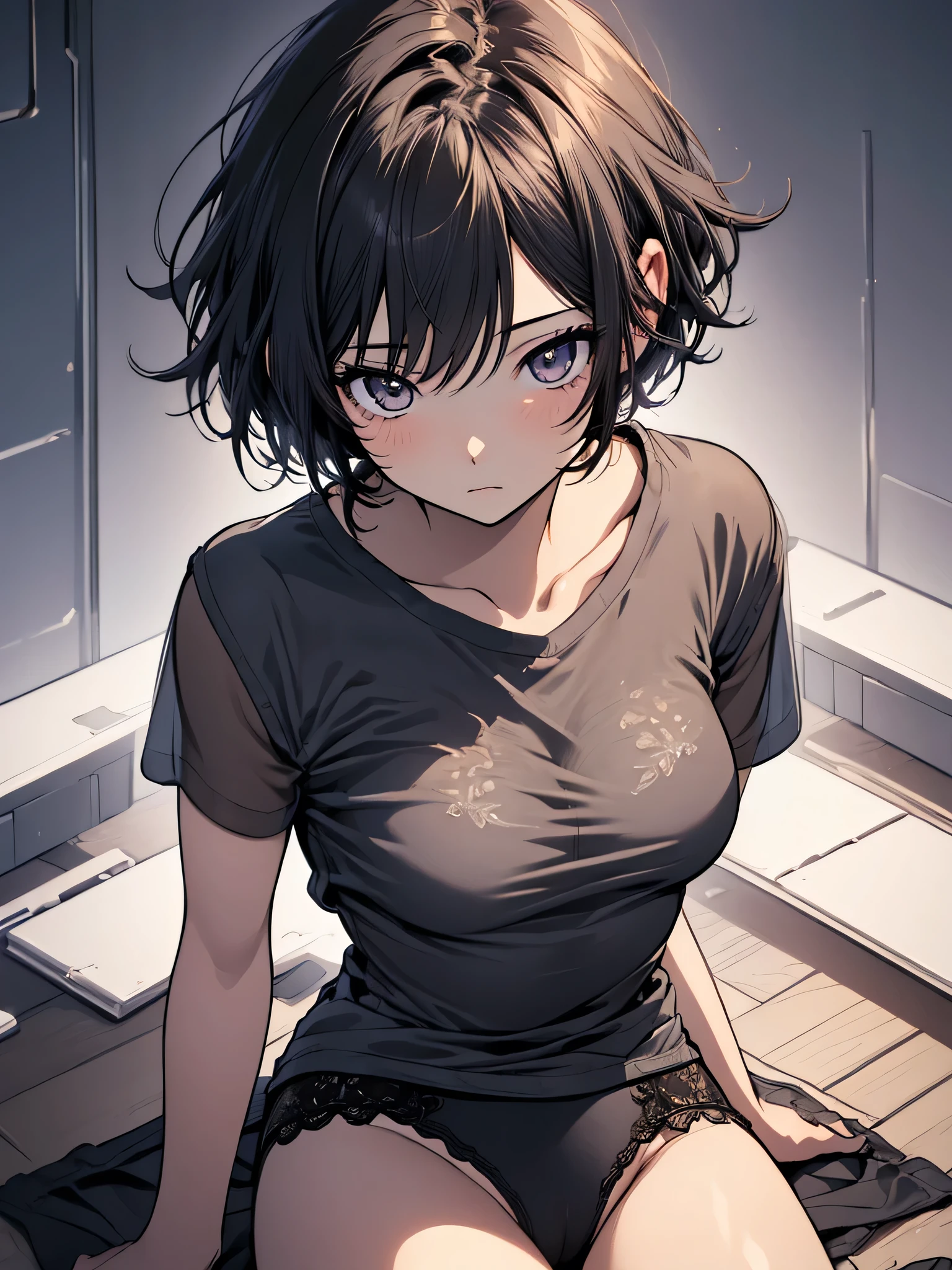 One Girl, (Iris:1.3),A triumphant look、View from above、Black Hair, pubic hair, break (Grey Shirt:1.5), (Black see-through underwear:1.3), Plain underwear, Huge breasts, naked, Exposed Skin,return, Hip, break (White Background:1.2), Black Theme、夜 break looking at viewer, break (masterpiece:1.2), highest quality, High resolution, unity 8k wallpaper, (shape:0.8), (Beautiful details:1.6), Highly detailed face, Perfect lighting, Extremely detailed CG, (Perfect hands, Perfect Anatomy),,Anime Style、sketch、Eye contour、Beautiful back、Panic pose、Muscular pussy、Spread your legs、short hair