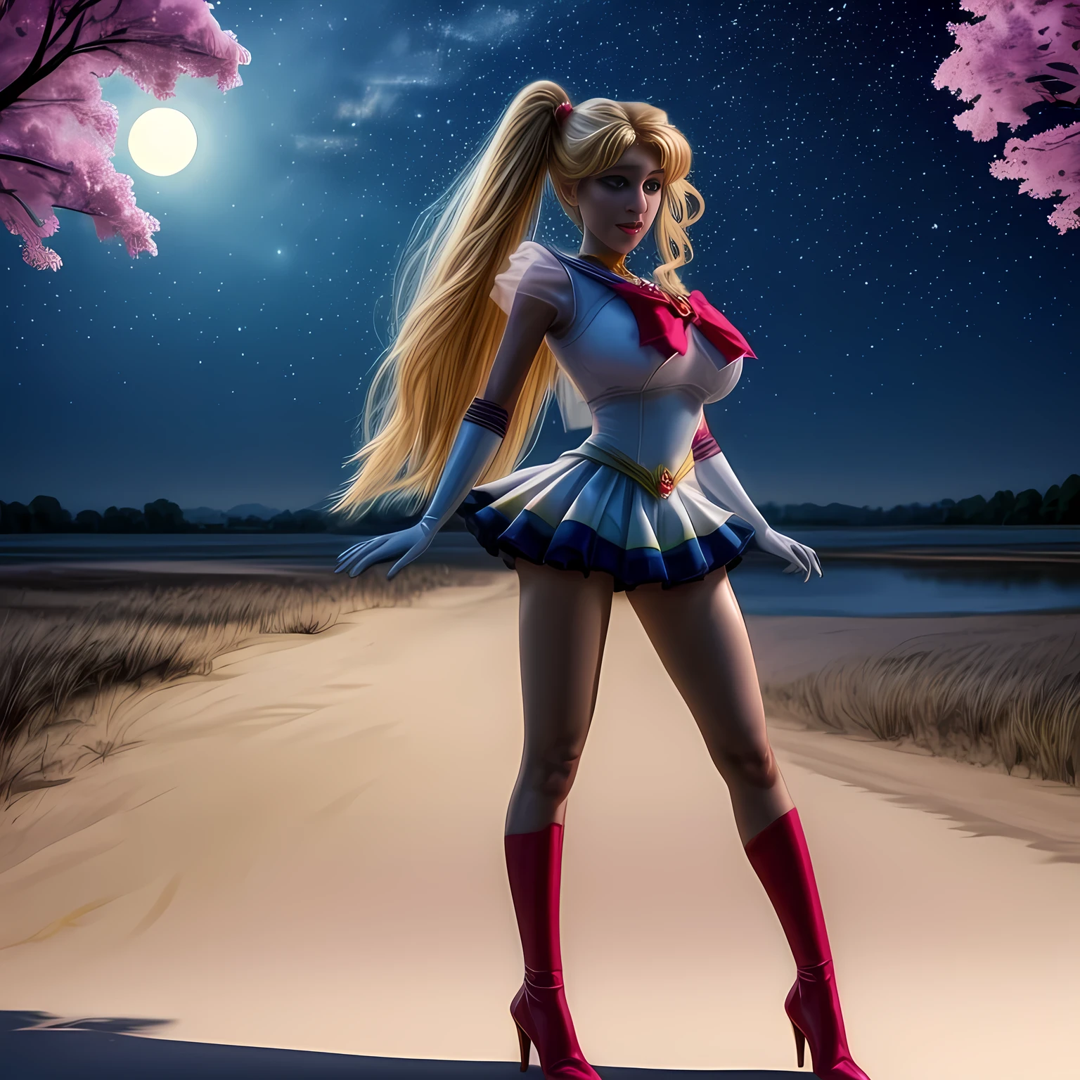 masterpiece, best quality, (1girl), supersailormoon, detailed face, smile, nigh sky, moonlight, moon, sakura trees, white gloves, detailed eyes, detailed face, fullbody, galazy background, giga_busty, gigantic breasts