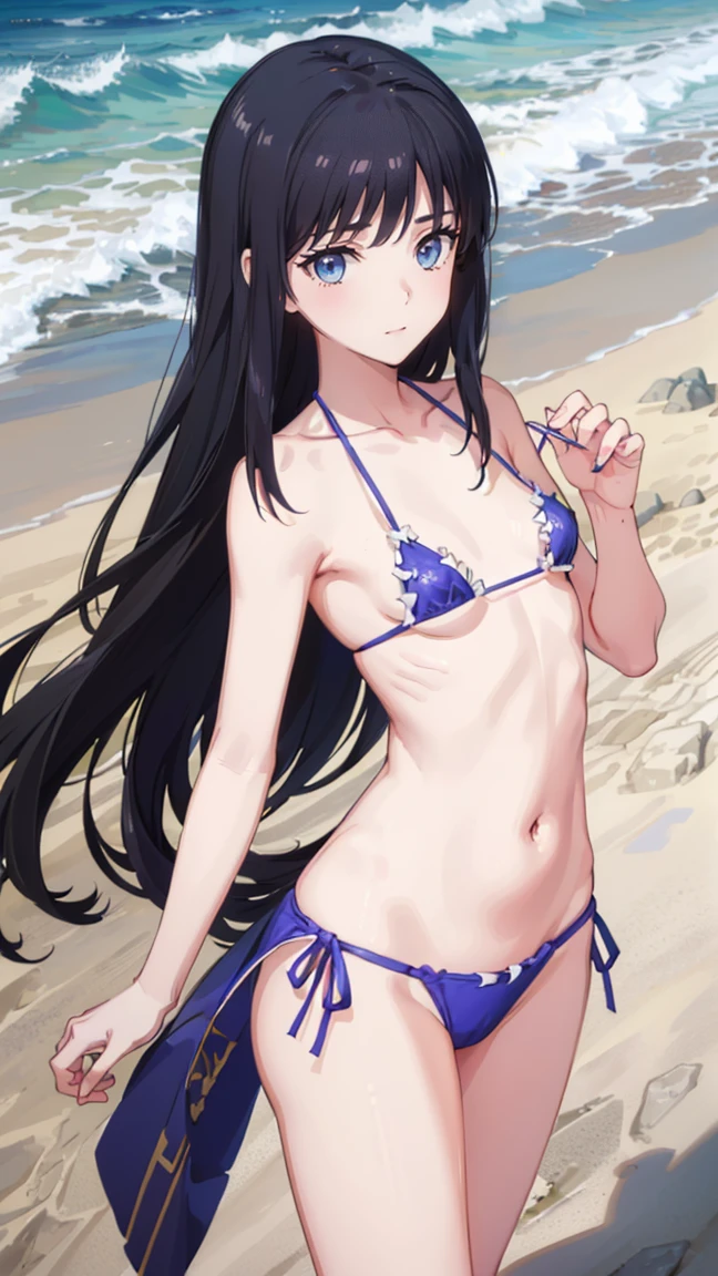 woman,Full body photo, Full Body Shot,((on the beach. ))) Best image quality, high quality, The background is clear，きれいなwoman, Japanese, detailed, detailed eyes, detailed skin, Beautiful Skin, 超High resolution, (reality: 1.4),とても美しいwoman, A ****** younger face, Beautiful Skin, thin, (Ultra-photorealism), (High resolution), (8k), (非常にdetailed) (Beautiful and detailed eyes), (非常にdetailed), (detailed face), Displaying the viewer, Fine details, detailed face, Staring straight ahead, Staring straight ahead, Photo Real, *********,Hairstyle: long hair,smile,(((String Bikini、)))(Flat chested,)(((flat chests,)))((smile,))hair over one eye, from below,Are standing、