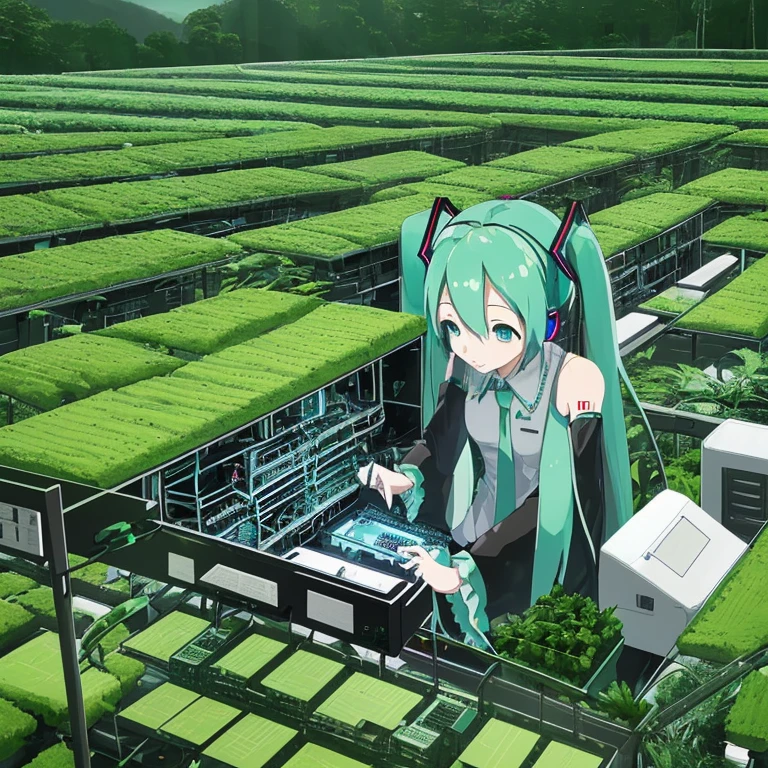 Hatsune Miku building a computer in a tea field
