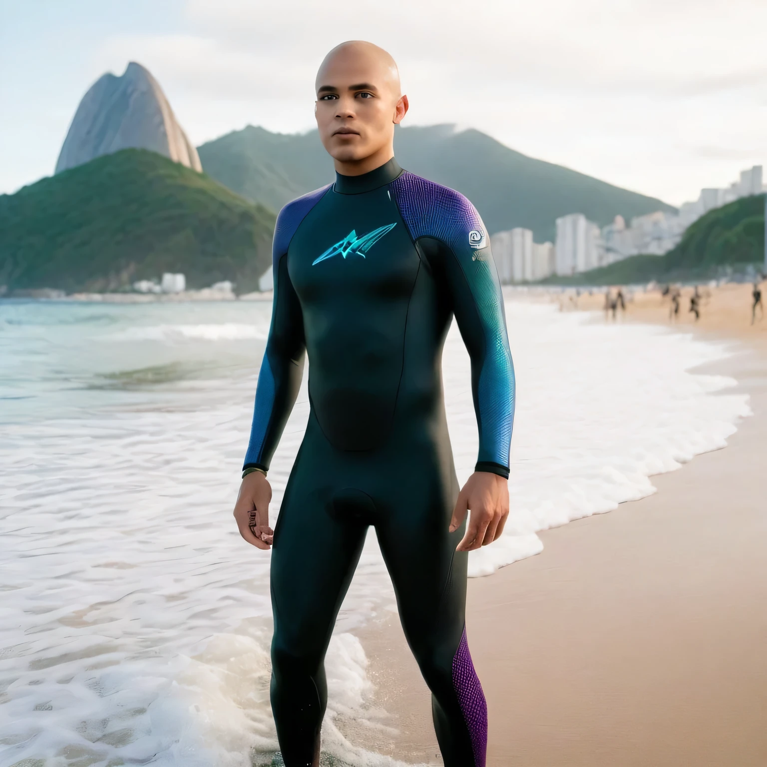 * A Latinx pop star in their 20s with a shaved head and vibrant purple streaks stands on the shores of Rio de Janeiro's futuristic beach. The iconic Sugarloaf Mountain rises majestically in the background.
* The celebrity wears a custom-made wetsuit that resembles a shimmering school of fish, with blues, greens, and yellows blending seamlessly. The wetsuit offers maximum flexibility and protection for water activities.
* A pair of high-tech armbands complete the outfit, monitoring vitals and syncing with a holographic surfboard for an unparalleled surfing experience.
Caption: Catching waves with a futuristic twist on the legendary beaches of Rio! #FutureBeach #SurfTech #RioDeJaneiro #GetYourFollowers