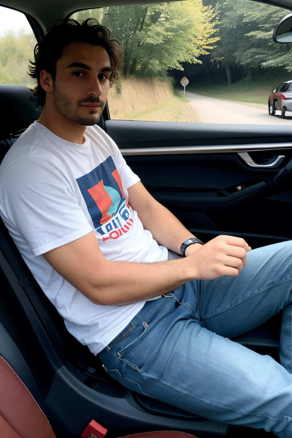 brun ,  , maigre , fume un joint de weed , ,  , voiture a l'arret, montre,  thug outfit, homme, camera a l'exterieur de la voiture, joint a la bouche , realiste, really realistic, hight cality , rea, imberbel, dans un parc, 55 kg

