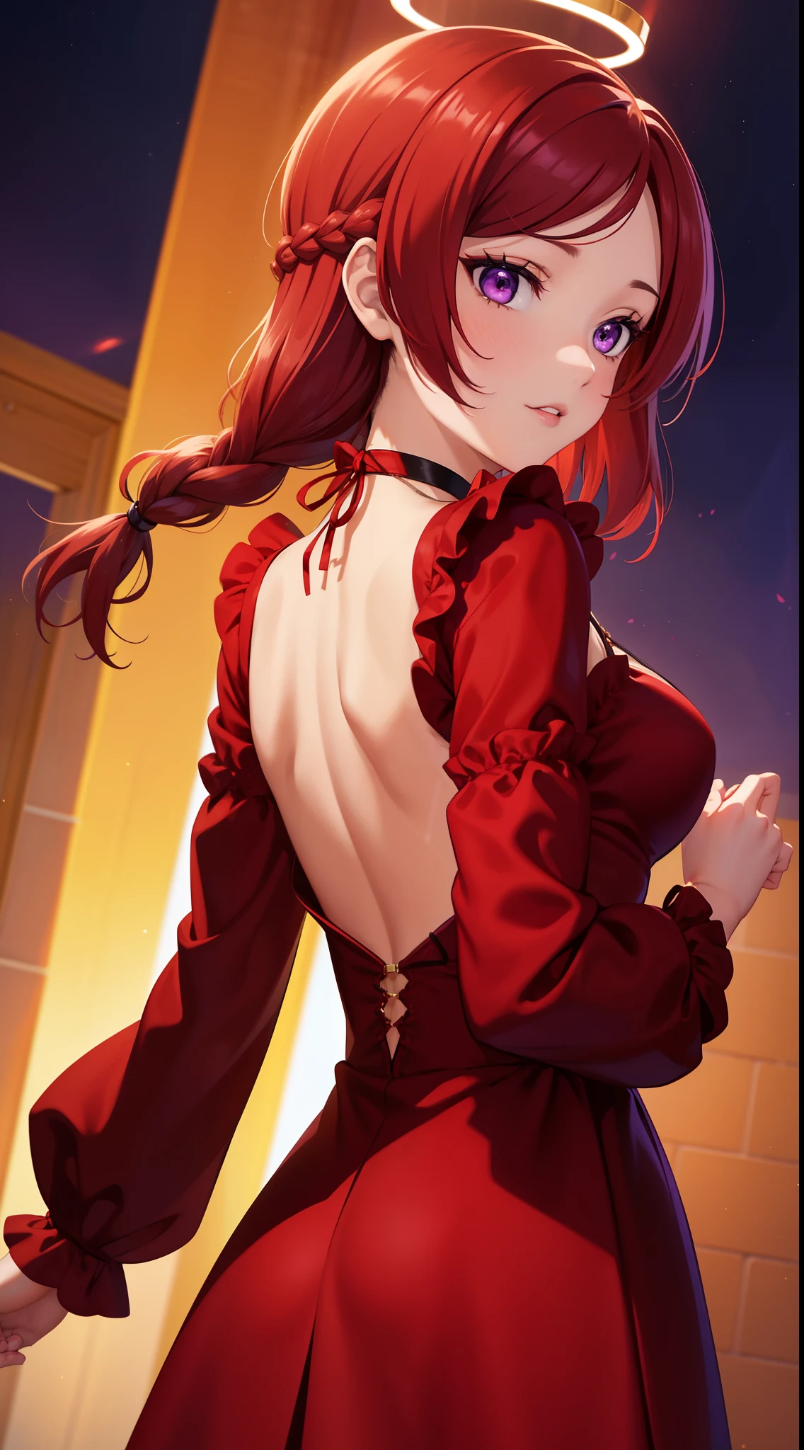 (Masterpiece, Best Quality, High Quality),Nishikino maki, solo, from behind, upper body, breasts,looking back, bangs, bare back, long_sleeves, dress, jewelry, purple eyes, upper_body, braid, sidelocks, choker, necklace, halo, red_dress, black_background