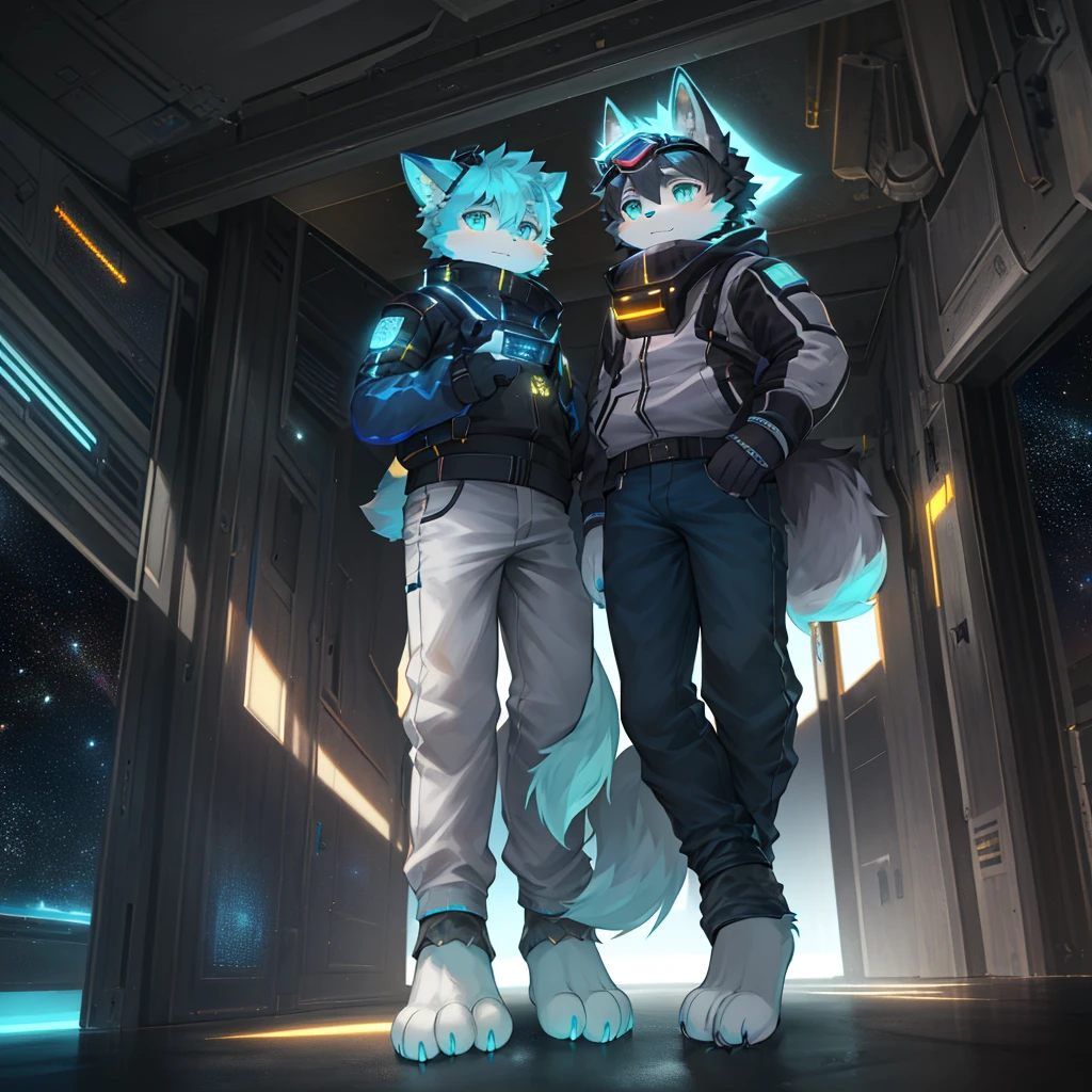 "(High quality sci-fi scenery and shadows,Ray Tracing,Particle Effects,8k resolution),(Cat-eared Shota boy and oversized wolf tail+The ears are big and long)of(White luminous pants+皮毛是白色of+Yellow and blue luminous clothes),Wearing futuristic sci-fi naval command,Space Helmet,goggles,Animal feet,散发着神秘又英气of可爱气质。"