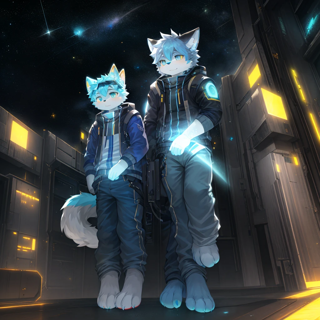 "(High quality sci-fi scenery and shadows,Ray Tracing,Particle Effects,8k resolution),(Cat-eared Shota boy and oversized wolf tail+The ears are big and long)of(White luminous pants+皮毛是白色of+Yellow and blue luminous clothes),Wearing futuristic sci-fi naval command,Space Helmet,goggles,Animal feet,散发着神秘又英气of可爱气质。"