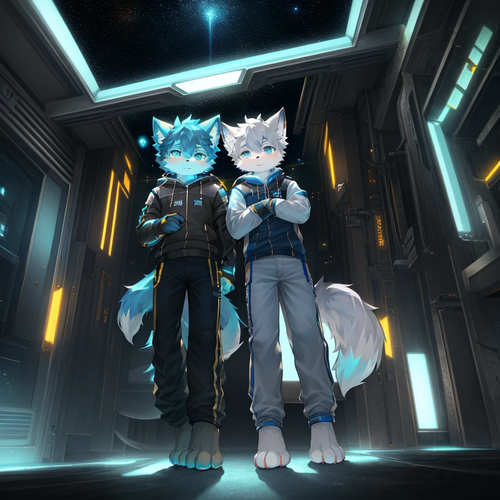 "(High quality sci-fi scenery and shadows，Ray Tracing，Particle Effects，8k resolution)，(Cat-eared Shota boy and oversized wolf tail+The ears are big and long)of(White luminous pants+皮毛是白色of+Yellow and blue luminous clothes)，Wearing futuristic sci-fi naval command，Space Helmet，goggles，Animal feet，散发着神秘又英气of可爱气质。"