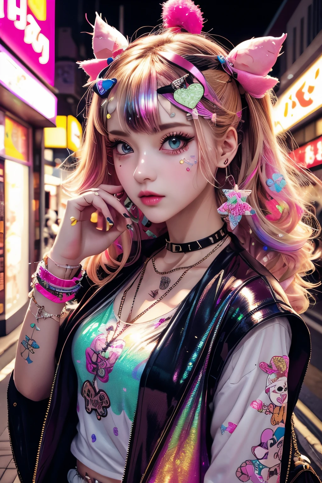 This is a colorful and ornate (masterpiece). Generate a trendy decora woman in the colorful and busy streets of Akihabara, Tokyo. Generate a lovely decora adult woman in the style of Olya Anufrieva on Artstation and Harajuku street fashion. Her clothes are vibrant in the Harajuku style. Include oversized accessories, neon colors, and inventive layering. The woman's clothes and accessories should be highly ornate in the ((((Harajuku decora)))) and decora kei style. The woman's hair is curly and glossy and styled cutely. The woman's clothes and accessories should be highly ornate in the Harajuku decora and decora kei style. Her eyes are important and stunning, with interesting coloring and patterns. ((((iridescence and shimmer)))), glitter, best eyes, best quality, cyberpunk kei, visual kei, selfie, bold colors and patterns, LED lights, ((glowing neon signs)), ((ultra detailed)), dynamic composition, (((decora)))