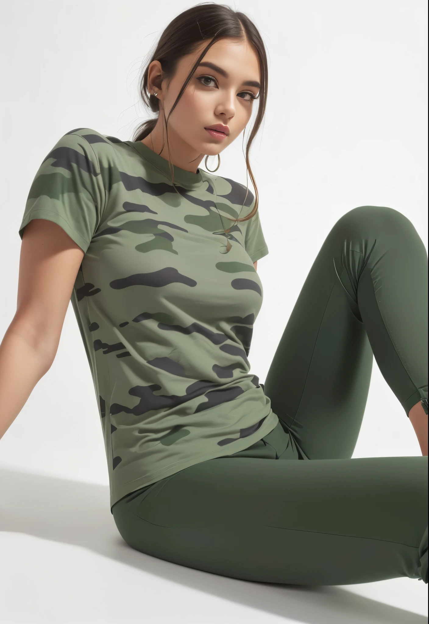 araffe woman sitting on the ground wearing a camisa verde and green pants, vestindo camuflagem, vestindo uma camiseta e combate, camuflar, roupas verdes, camuflagem da selva, verde oliva, roupas verdes, foto completa do produto, modern roupa casual, roupa casual, Manga curta, casual roupas verdes, graphic t-shirts, roupas militares, camisa verde, splendid, vestindo roupa militar