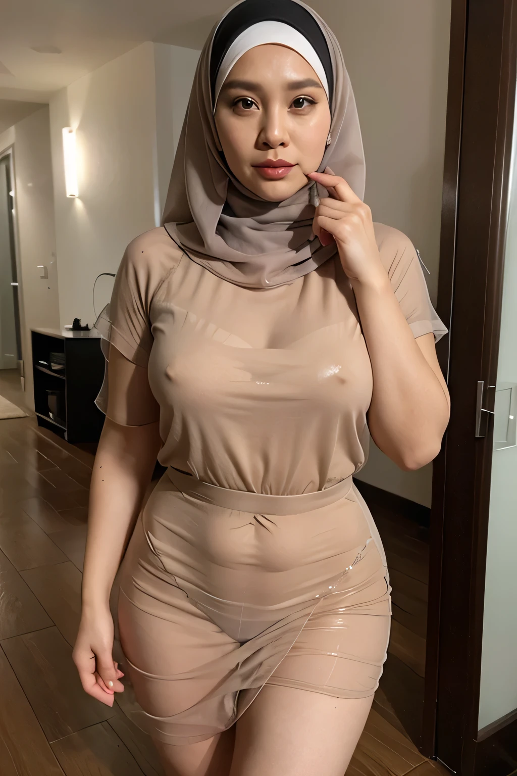 Malaysian woman, 35 yes old, big , wearing hijab, wearing transparent dress