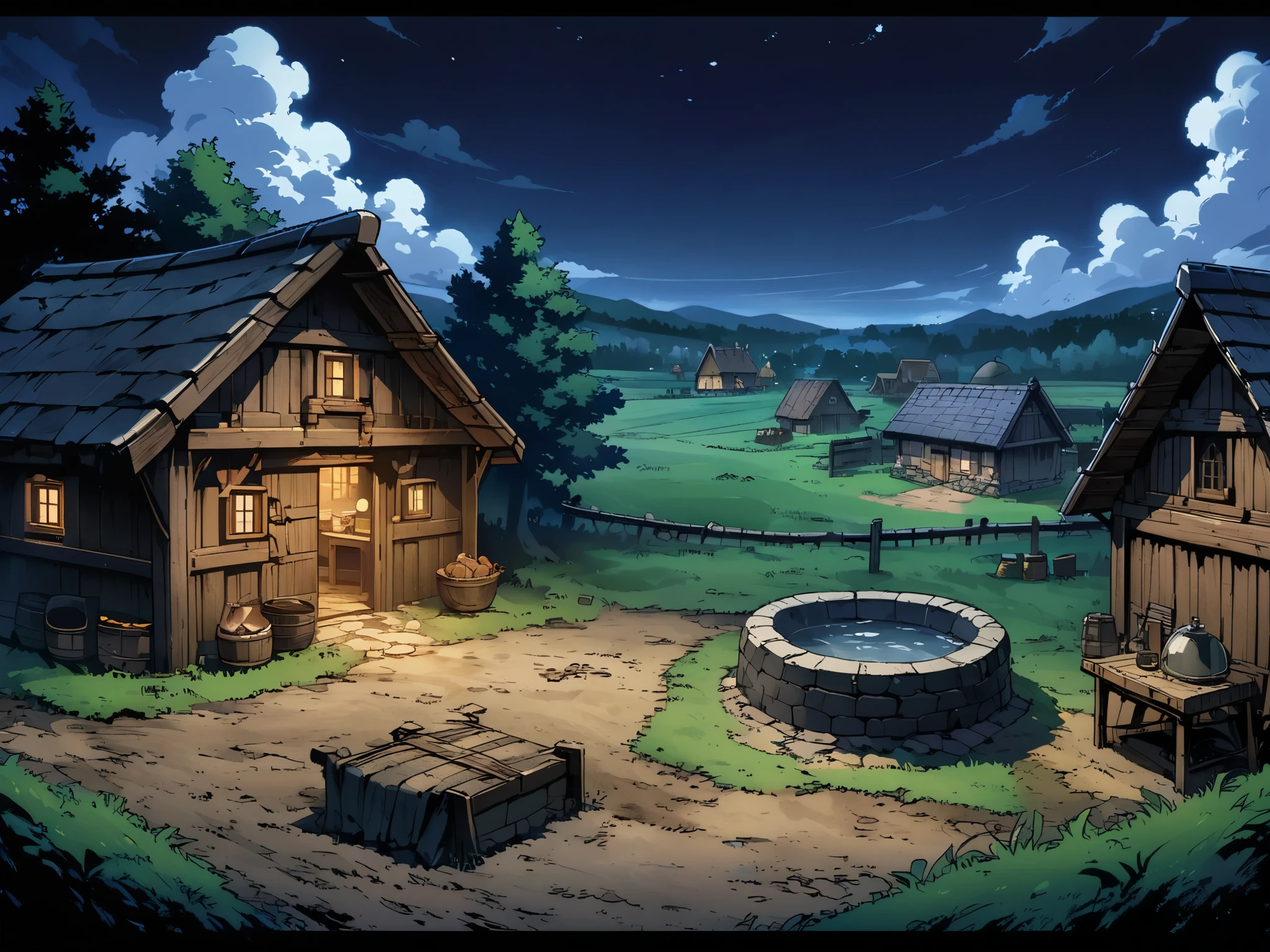 a village in a(European medieval villages),There is a cabin,There is a well,There is farmland,Livestock sleeping in the shed,The environment was pitch black,night。Mid-ground composition,Panorama pictures,Scene screen,Game concept art style,Anime illustration style,HD,4K。