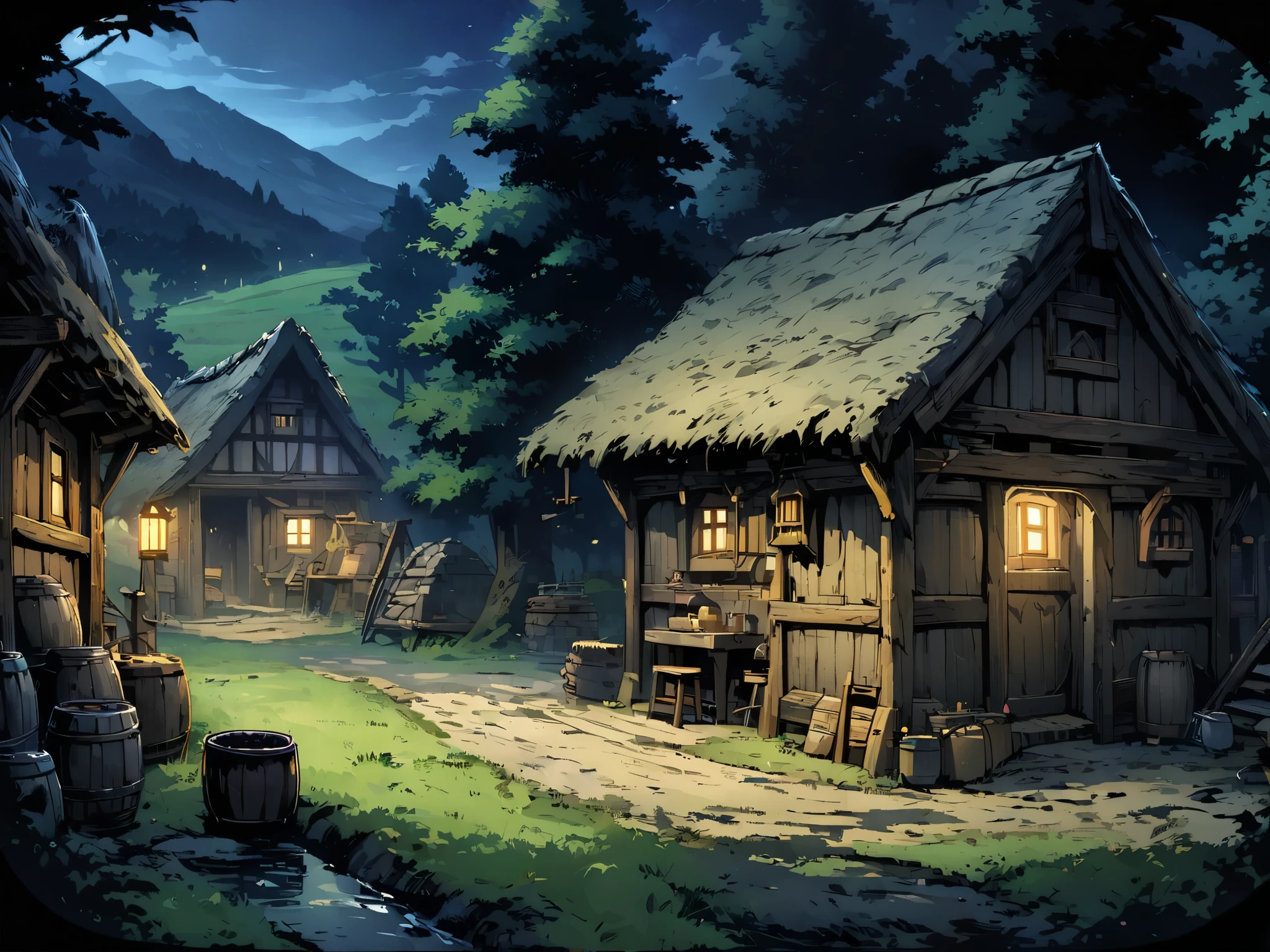 a village in a(European medieval villages),There is a cabin,There is a well,There is farmland,Livestock sleeping in the shed,The environment was pitch black,night。Mid-ground composition,Panorama pictures,Scene screen,Game concept art style,Anime illustration style,HD,4K。