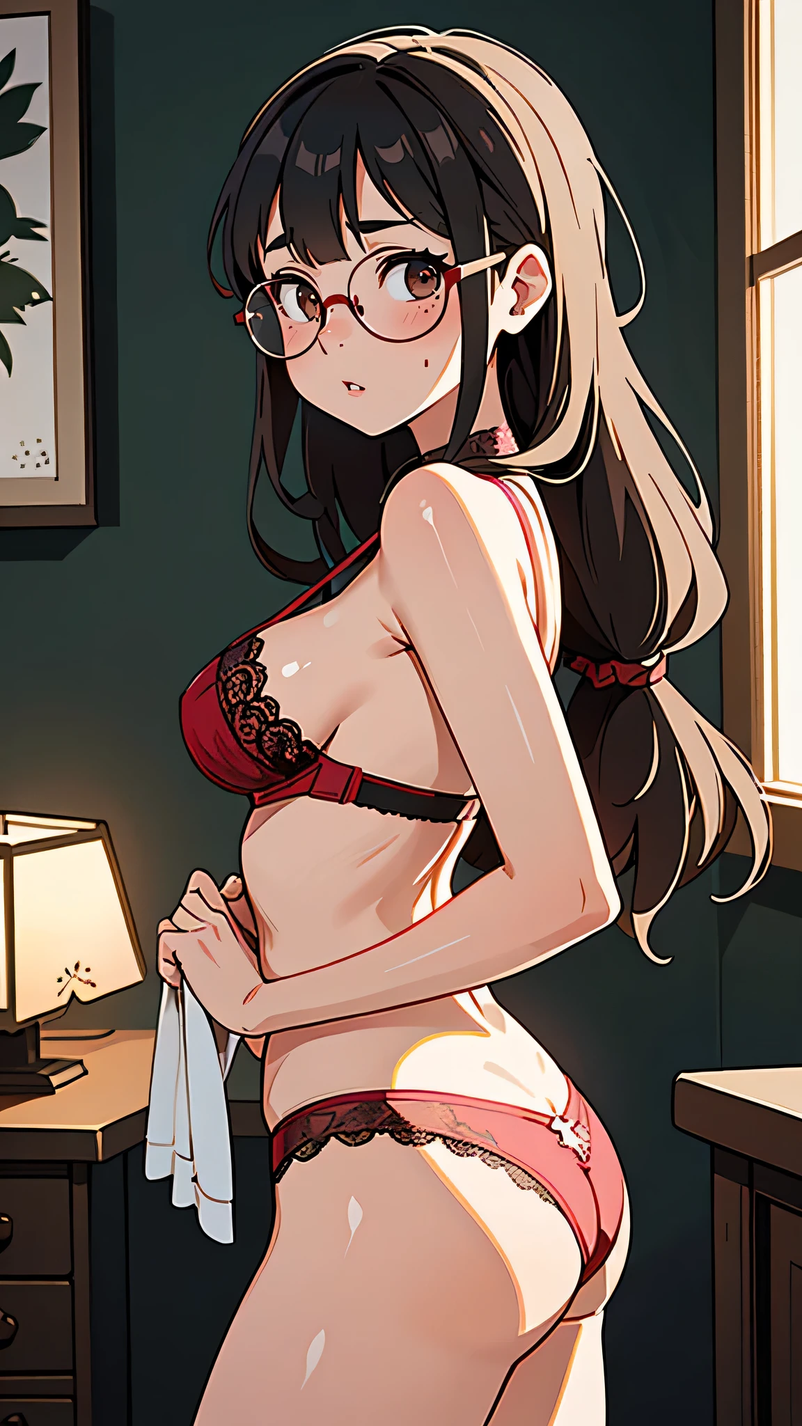 masterpiece, highest quality, (Highly detailed CG Unity 8k wallpaper), (highest quality), (Best illustrations), (Best Shadow), Confused, Realistic lighting, (abyss), Beautiful subtle sparkle, art:Peter Mohrbacher,Random Pause, ((Red lace, A bra with luxurious details,Sensual,)),Cute freckles on the cheeks,Mole under left eye,Cowboy Shot, Wearing glasses, Japanese Model, Wearing glasses on, Wearing square glasses, Young sensual gravure idol, A real young gravure idol, Provocative ass, Beautiful spine, Pulling hair up, Beautiful woman looking back,