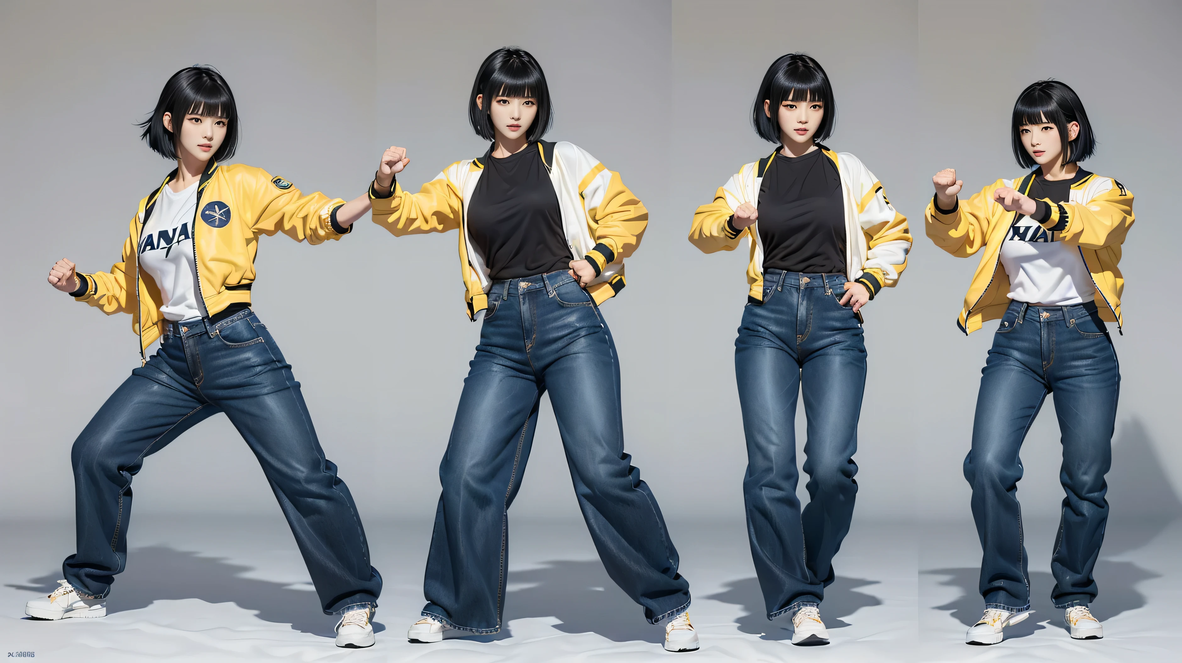 black short hair bold outline character in street wear varsity jacket, yellow jacket, white shirt, blue denim jeans pants, doing a karate pose, fighting stance, in japanese style, in style, misato katsuragi, in an style, hinata hyuga, style character, hinata hyuga from naruto, female action adult fighter, style 4 k, japanese style, style ultra realistic, fighting pose, full body, side view, bright sunny day, fighting expression, right fist hand, left kungfu hand, fix hand gesture, white background
