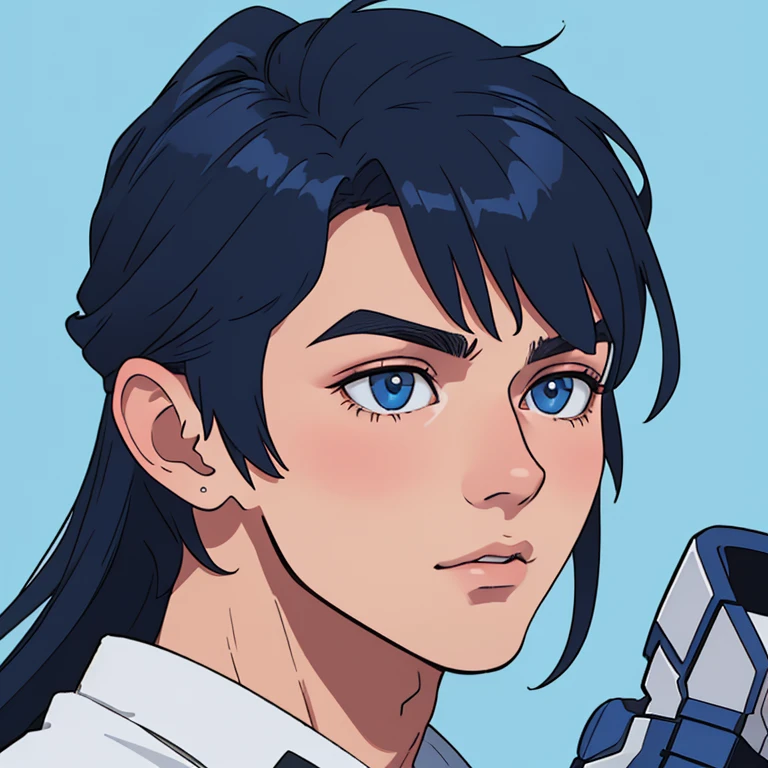 best quality, ultra-detailed, realistic:1.37], side view portrait of a 20-year-old handsome boy with striking features, [blue] background, anime comics version
