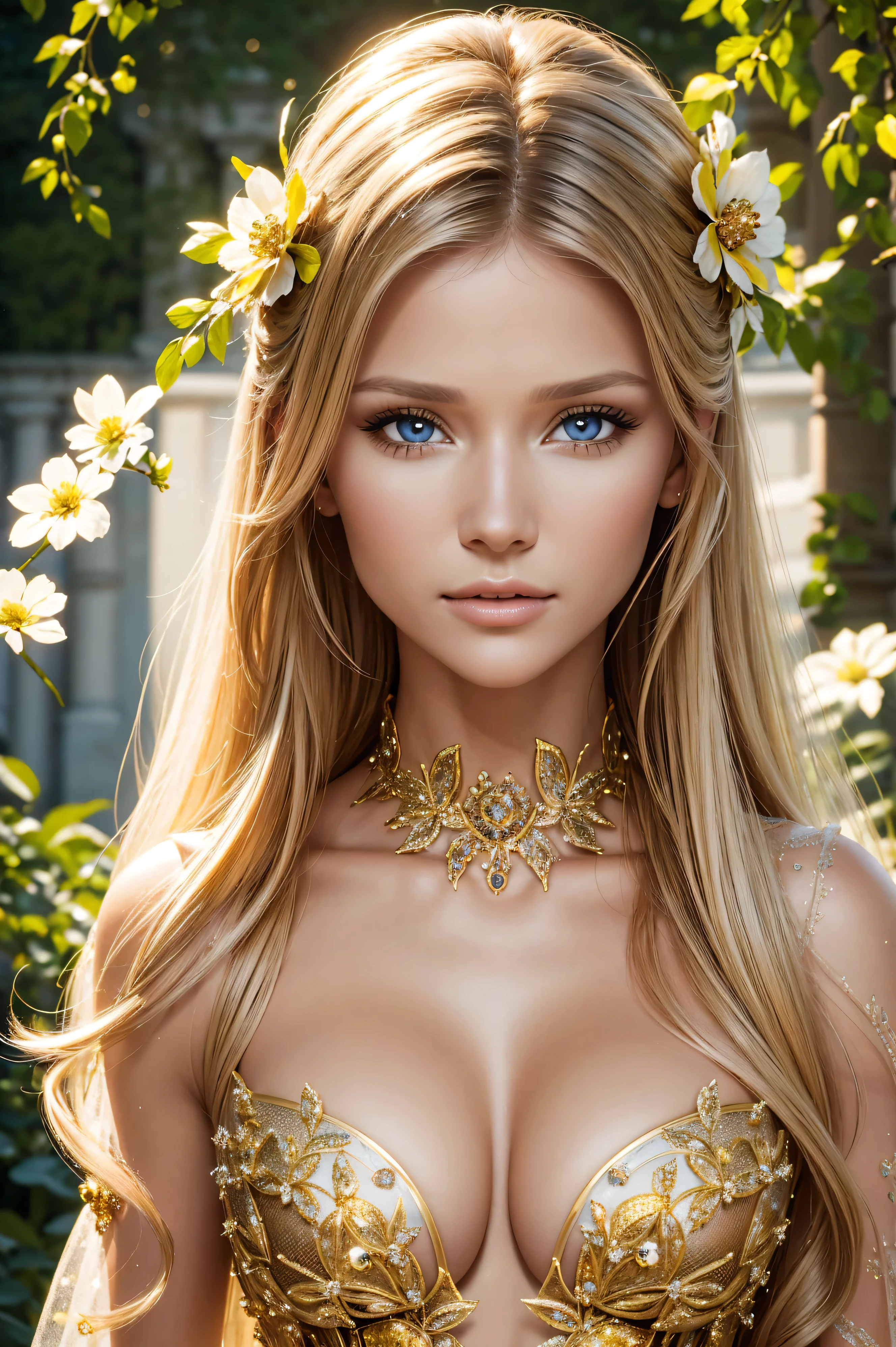 Joanna Krupa, wearing bee costume transparent. professionally retouched, soft lighting, realistic, smooth face, perfect eyes, sharp focus on eyes, 8 k, high definition, insanely detailed, intricate, elegant. against the background of the garden of Versailles.