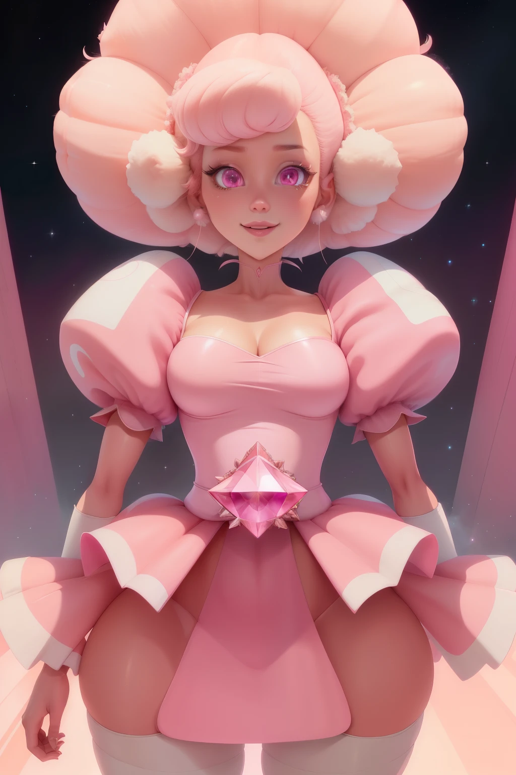 pnkdamond, pink hair, pink eyes, big hair, stomach gem, pink skin, toned,
puffy short sleeves, elbow gloves , white thighhighs, puffy dress,
standing, upper body,
outerspace,
(insanely detailed, beautiful detailed face,beautiful detailed eyes, masterpiece, best quality) cinematic lighting, smile,