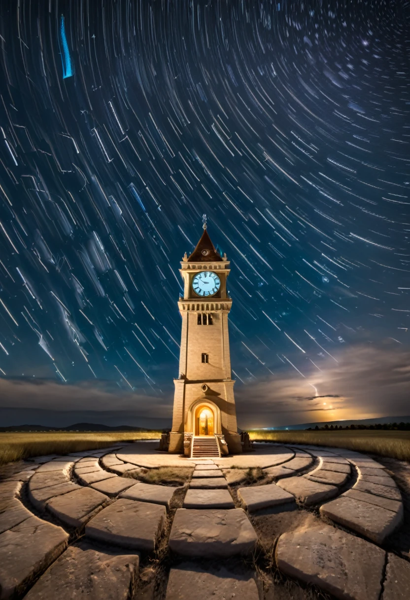A lone, old clock tower stands in a field of hourglasses, each brimming with stardust, under a time-lapse sky where stars swirl into infinity.
Elements:
Foreground: A sea of hourglasses with stardust flowing like sand.
Subject: A weathered clock tower, hands frozen at midnight.
Sky: Stars tracing circular paths, showcasing Earth's rotation.
Technical Specs:
Lens: Wide-angle for a vast scene, f/2.8 for depth and clarity.
Settings: Exposure time set to capture star trails; low ISO to reduce noise.
Focus: Hyperfocal to maintain sharpness across the field.
Composition:
Clock tower positioned off-center, following the rule of thirds.
Curved star trails balance the composition above.
Lighting:
Ambient moonlight complemented by subtle artificial lighting to highlight the clock tower s textures