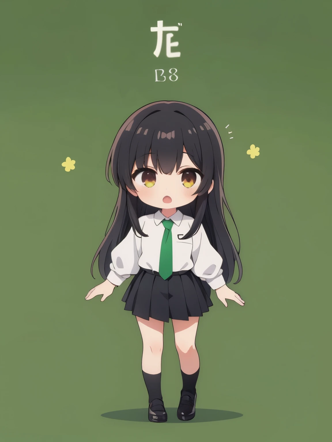 1girl,white shirt,black hair,brown eye,long hair,chibi,standing, full body,green background,necktie,open mouth