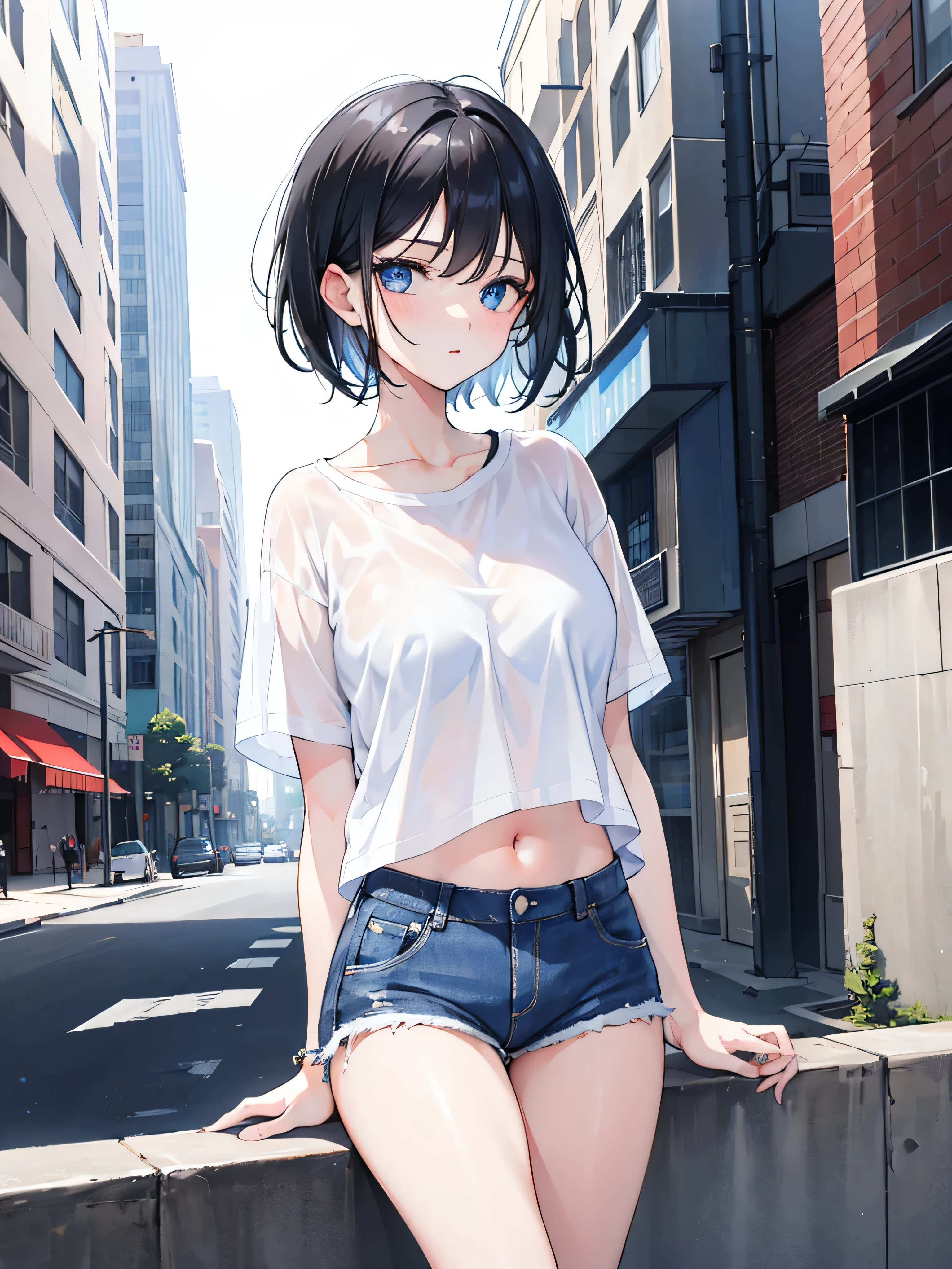1girl, short black hair, blue eyes, wearing plain white shirt, denim shorts, city, absurdres, high res, ultrasharp, 8K, masterpiece, looking at viewer,sexy body