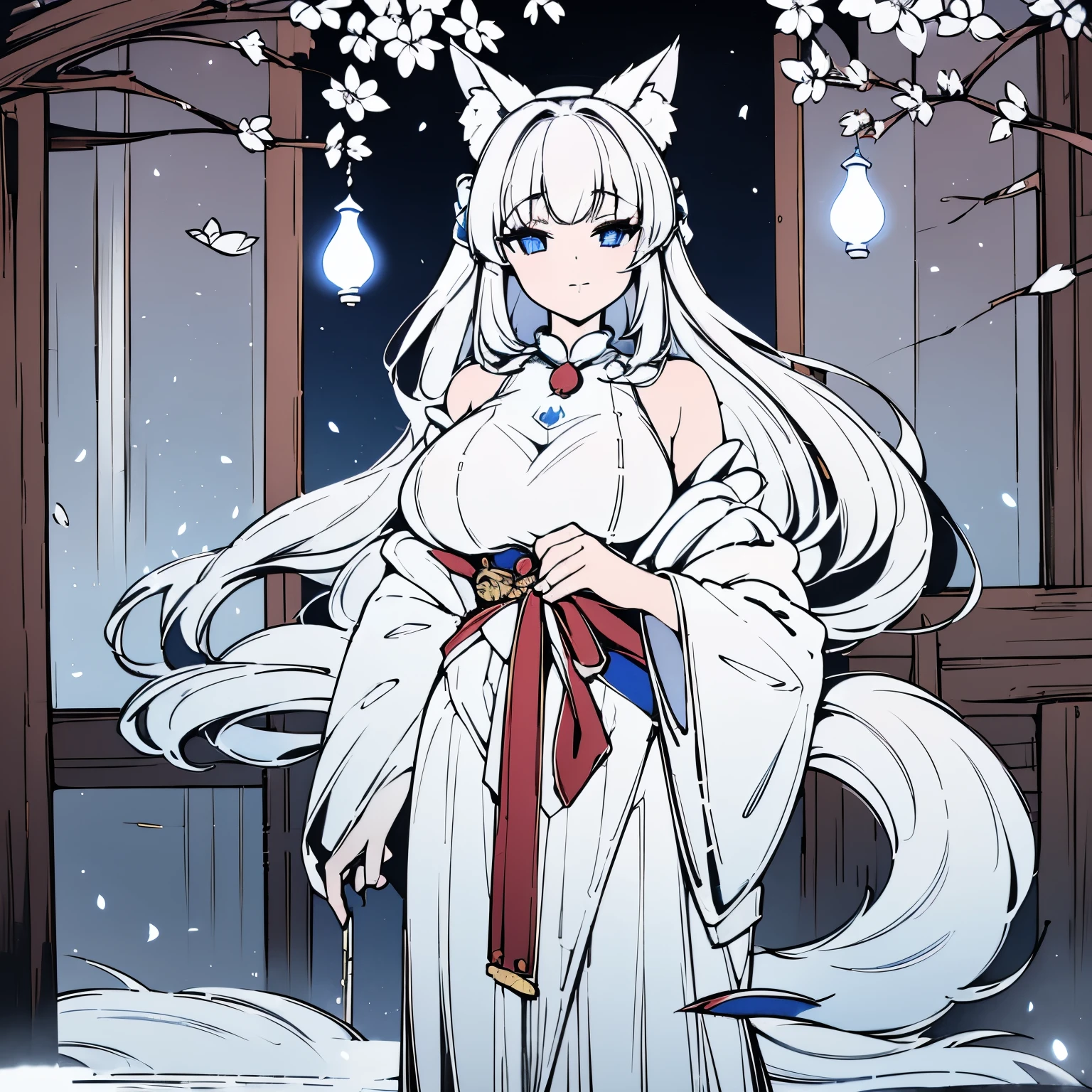 White fur kitsune girl, with blue and white shrine maiden costume, simple draw, no lights and shadow shadings, mature 25 years old looking, slightly big breasts,