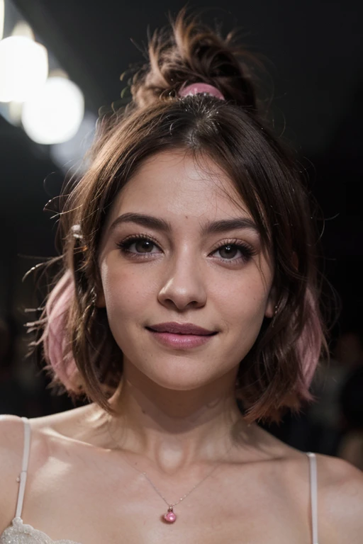 (Seguro en el trabajo:1.4、Obra maestra, of the highest quality、Lleno de encanto、Crea una belleza transparente.),1 chica, linda belleza、alone, tener, realista, realista, mirando a la audiencia, light brown eyes, Cabello corto y bob moreno con cabello brillante muy detallado.:1.4, cabello corto:1.8、beautiful symmetrical face、mujer hermosa y atractiva、ropa de primavera:1.6, blanquito, labios, golpes, exterior, boca cerrada, parte superior del cuerpo、ojos grandes、eyelash、(Fondo rosa oscuro muy simple.:1.8)ojos grandes、grande and full mirando a la audiencia、Hermosa belleza、show me your ears、Hermoso cuello largo labios、sonrisa、please close your mouth and sonrisa, Tipo de cuerpo ideal, Enorme|grande enorme, Mega escote: sonrisa、hermosos dientes