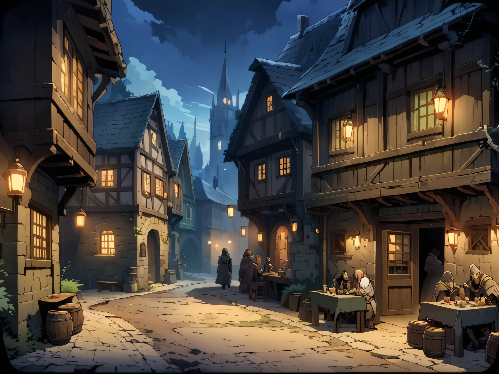 A tavern(The European Medieval Black Market),The pub is located in a secluded alley,It was pitch black all around,There are bushes and weeds,There are no pedestrians on the streets,Two people in black cloaks drinking,The setting is night。Mid-ground composition,Panorama pictures,Scene screen,Game concept art style,Anime illustration style,HD,4K。