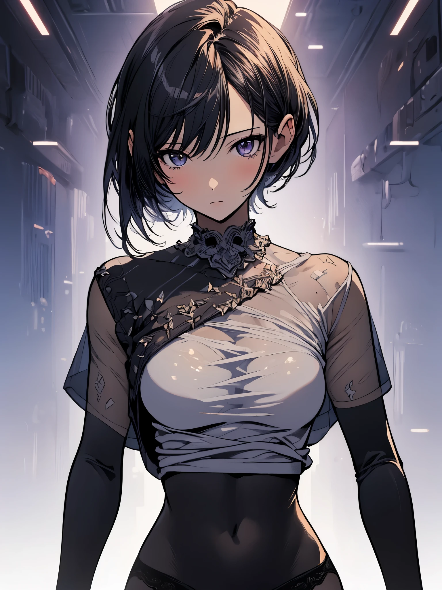 One Girl, (Iris:1.3),A triumphant look、View from above、Black Hair, pubic hair, break (Grey Shirt:1.5), (Black see-through underwear:1.3),suit、 Huge breasts, naked, Exposed Skin,return, Hip, break (White Background:1.2), Black Theme、夜 break looking at viewer, break (masterpiece:1.2), highest quality, High resolution, unity 8k wallpaper, (shape:0.8), (Beautiful details:1.6), Highly detailed face, Perfect lighting, Extremely detailed CG, (Perfect hands, Perfect Anatomy),,Anime Style、sketch、Eye contour、Beautiful back、Panic pose、Muscular pussy、Spread your legs、short hair