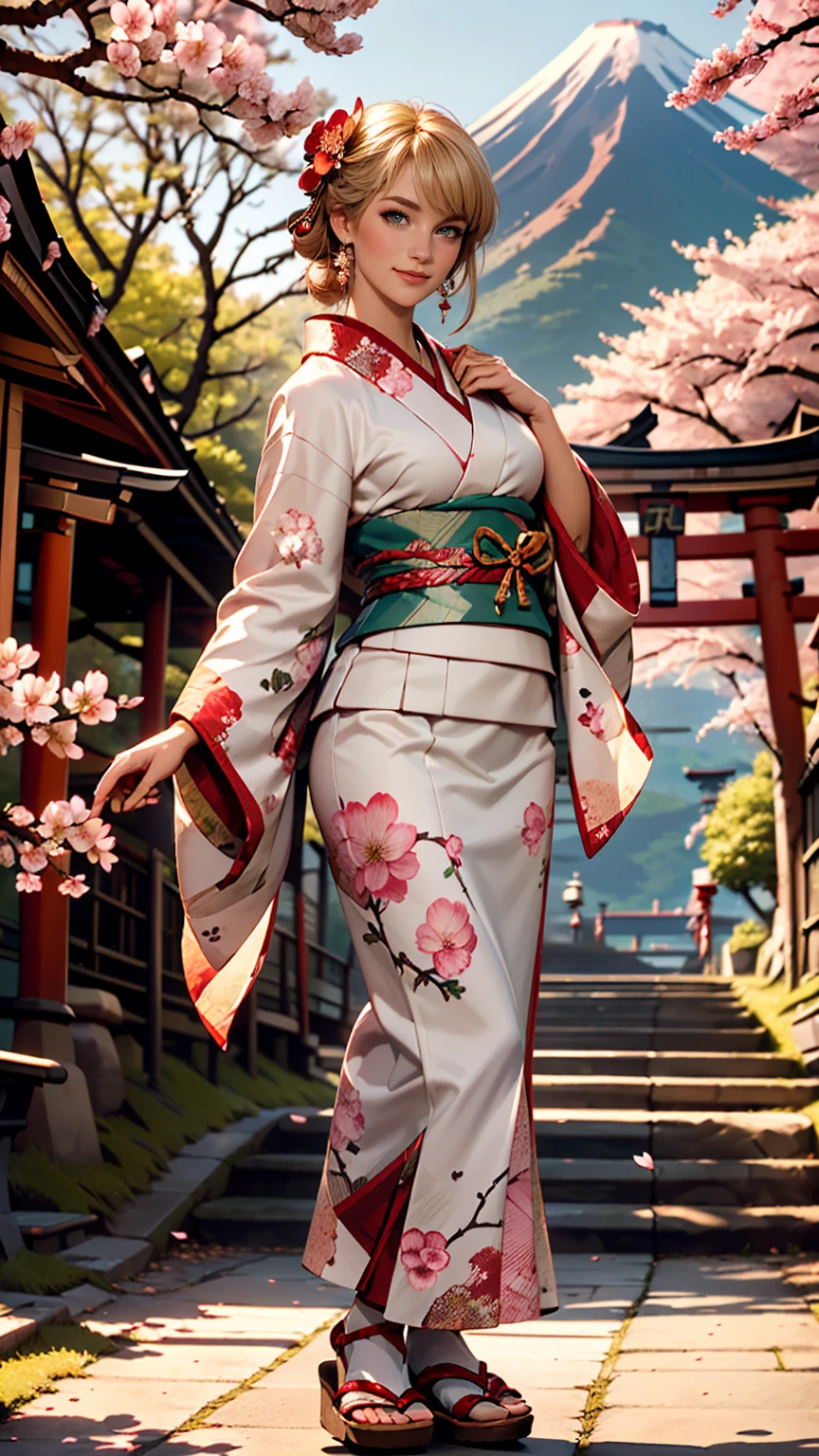 (((masterpiece: 1,5, highest quality, High resolution, Super Resolution, Super detailed: 1,2, Rich background: 1,4))), (close), (One girl), alone, Green Eyes, blonde long hair tied with blue ribbon, hair ornaments, Blunt bangs, smile, high school girl, Mid-chest, ((null中に手を上げる)), kimono, (Blue short-patterned kimono), Sandals, ribbon, heart, ((Outdoor)), Cherry Blossom, (torii), Stone stairs, null (afternoon), Cherry Blossoms fall, ((Dramatic Light: 1,3)), cloudy, (Mt.Fuji scenery)