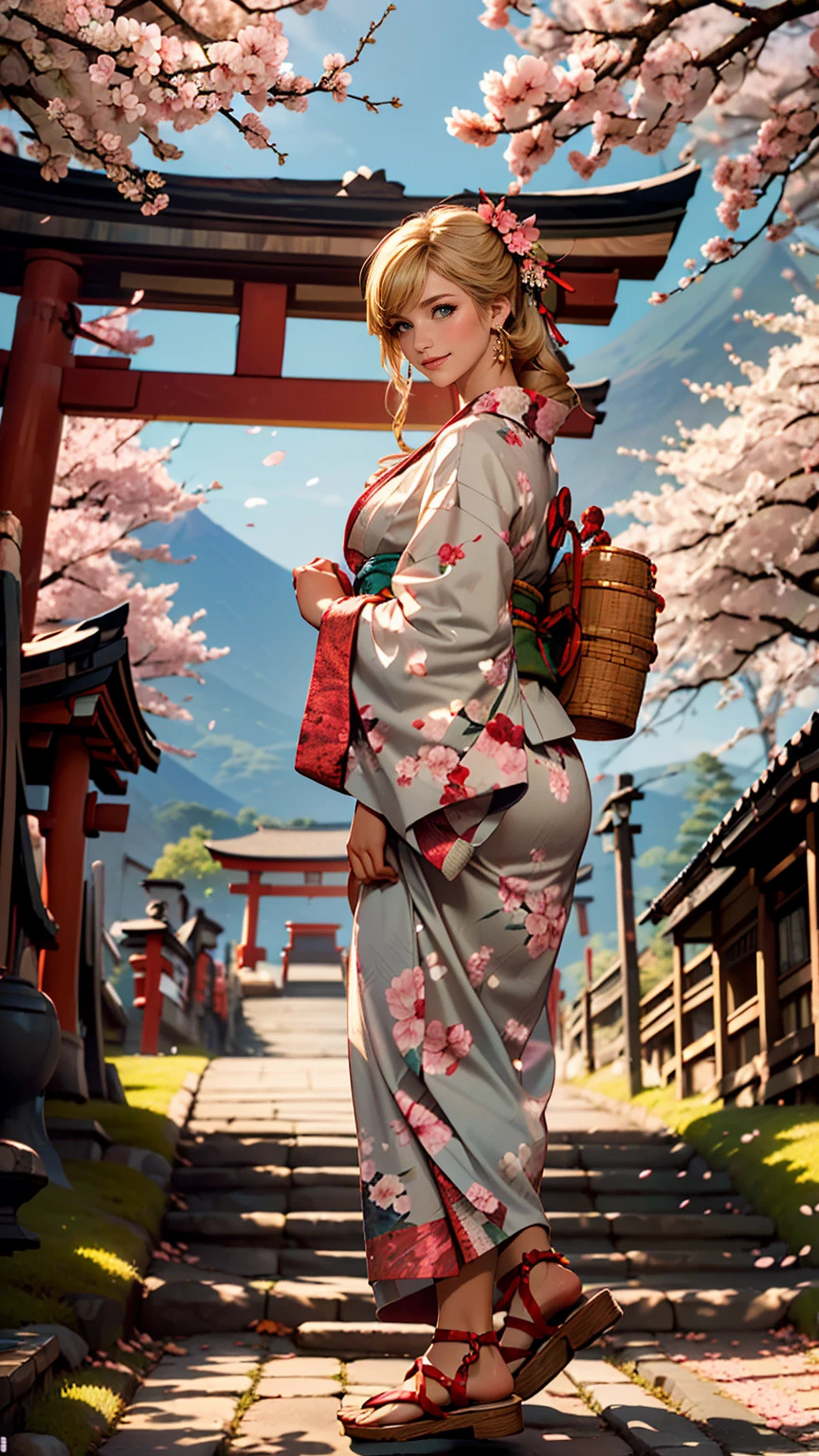 (((masterpiece: 1,5, highest quality, High resolution, Super Resolution, Super detailed: 1,2, Rich background: 1,4))), (close), (One girl), alone, Green Eyes, blonde long hair tied with blue ribbon, hair ornaments, Blunt bangs, smile, high school girl, Mid-chest, ((null中に手を上げる)), kimono, (Blue short-patterned kimono), Sandals, ribbon, heart, ((Outdoor)), Cherry Blossom, (torii), Stone stairs, null (afternoon), Cherry Blossoms fall, ((Dramatic Light: 1,3)), cloudy, (Mt.Fuji scenery)