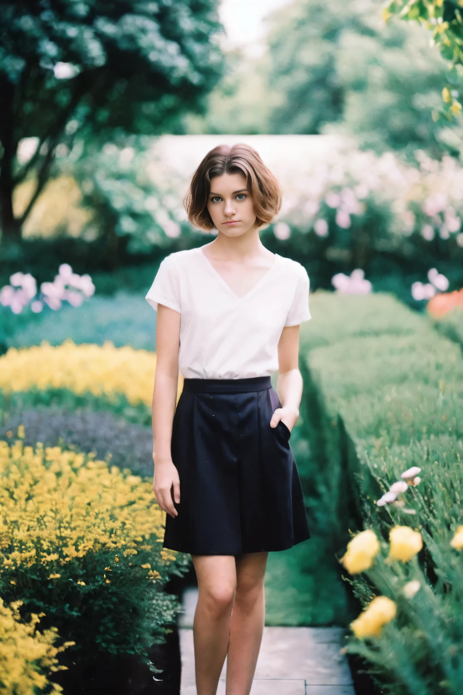 analog photography ,raw,photo ,Beautiful Female Short hair,Colorful Garden
