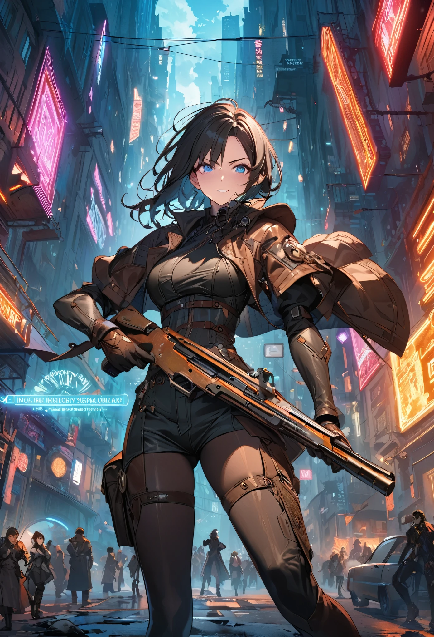 masterpiece, best quality, novel illustration, highres, 
steampunk meets sf, neon lights, smoky atmosphere, hustle and bustle of the city, urban fantasy setting, 
individualized style, unique design, customizable elements, 
futuristic aesthetics, innovative textures, cutting-edge technology, 
male protagonist, action-packed scenes, heroic pose, holding gun, 
female lead, intriguing appearance, captivating eyes, alluring smile, 
interaction between characters, dynamic duo, chemistry, 
intimate moments, passionate scenes, intense emotions, 
desirable qualities, enticing storytelling, compelling narrative, 
highly immersive, engaging experience, memorable characters, 
diverse audience, universal appeal, timeless classic. 
