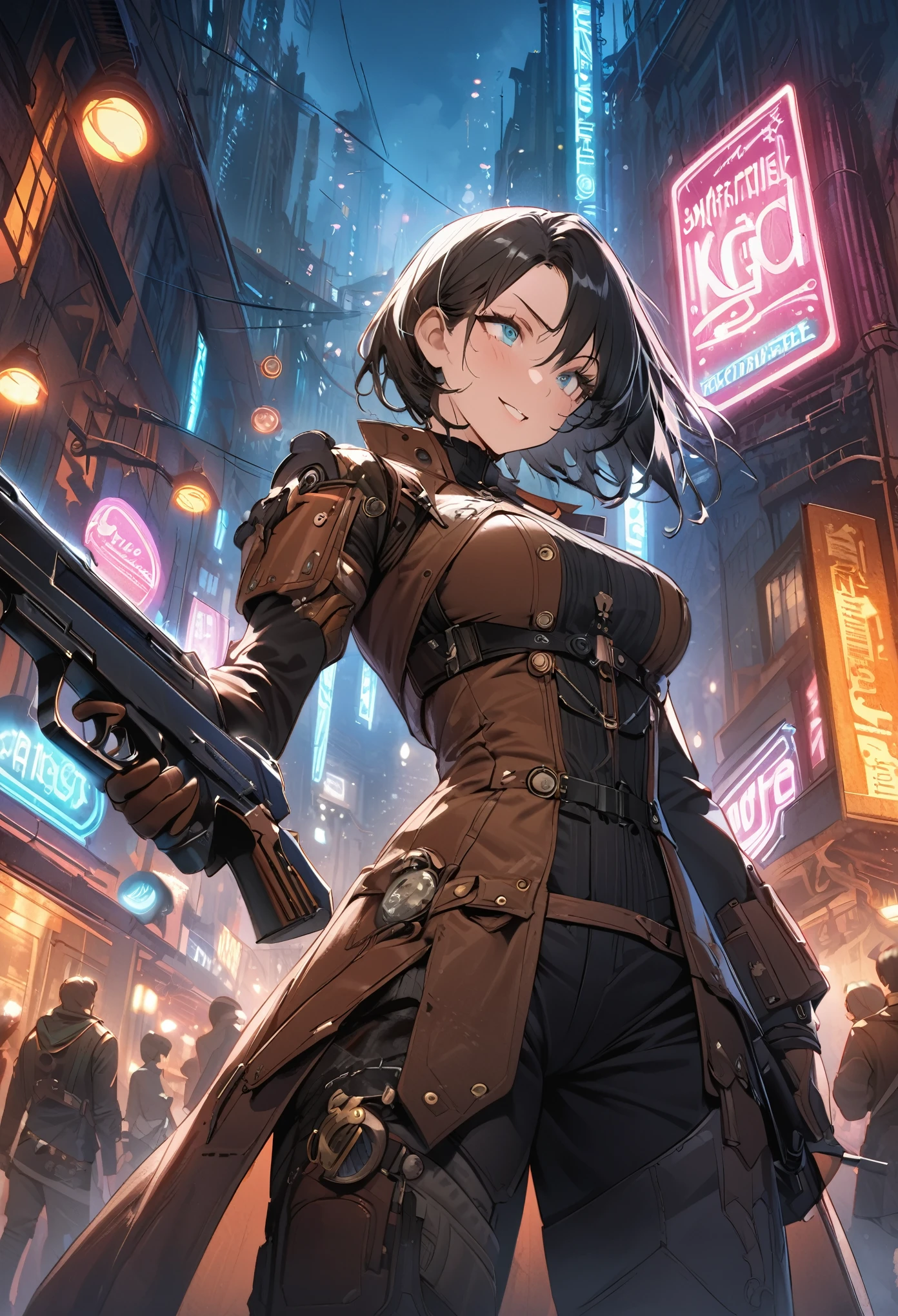 masterpiece, best quality, novel illustration, highres,
steampunk meets sf, neon lights, smoky atmosphere, hustle and bustle of the city, urban fantasy setting,
individualized style, unique design, customizable elements,
futuristic aesthetics, innovative textures, cutting-edge technology,
male protagonist, action-packed scenes, heroic pose, holding gun,
female lead, intriguing appearance, captivating eyes, alluring smile,
interaction between characters, dynamic duo, chemistry,
intimate moments, passionate scenes, intense emotions,
desirable qualities, enticing storytelling, compelling narrative,
highly immersive, engaging experience, memorable characters,
diverse audience, universal appeal, timeless classic.