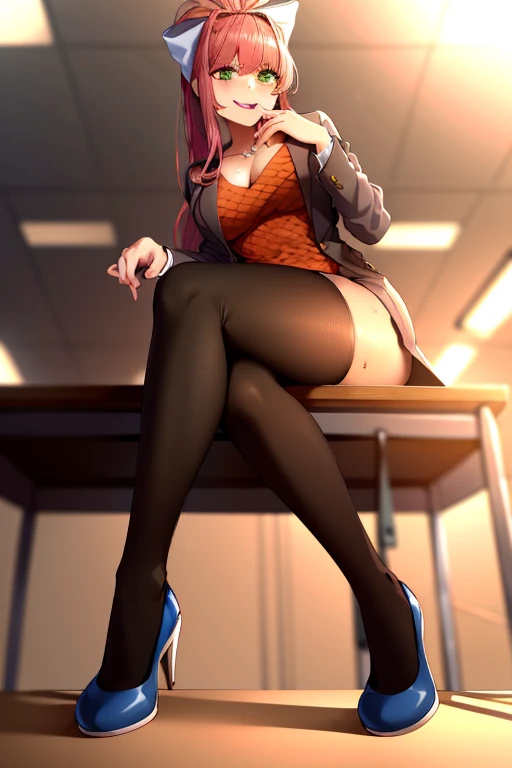 2d, masterpiece, best quality, anime, highly detailed, 1girl, solo, monika, green eyes, very long hair, ponytail, , straight-on, smile, (full body:1.5), giantess, smile, (from below:1.5), thick thighs, looking down at viewer, upskirt, (large breasts:1.3), field, (looming:1.3), mature female, high quality, hd quality, masterpiece, photorealistic, shoe soles, close-up foot, intense angle, :d, (sitting on desk:1.6), very low angle, female pervert, toragao, (sitting:1.5), (white undershirt, orange sweater:1.2), (brown jacket:1.4), (absolute territory, black thighhighs:1.4), (uwabaki:1.5), full body in frame, (classroom, indoors:1.3), clasroom desk, blue skirt, (hand on desk:2), (one hand at side:1.6), (licking lips, licking own lips:1.1), (sweat:1.2),