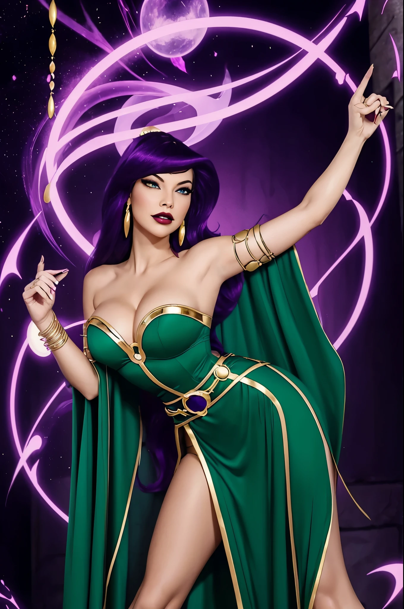 Circe_JLU {bimbostyle}, long flowing green dress with classic and mystical style, belt that accentuates your waist and adds a touch of sophistication, conjuring purple magic in the hands, purple energy circles in the background, mystical and magical aurea, sexy pose