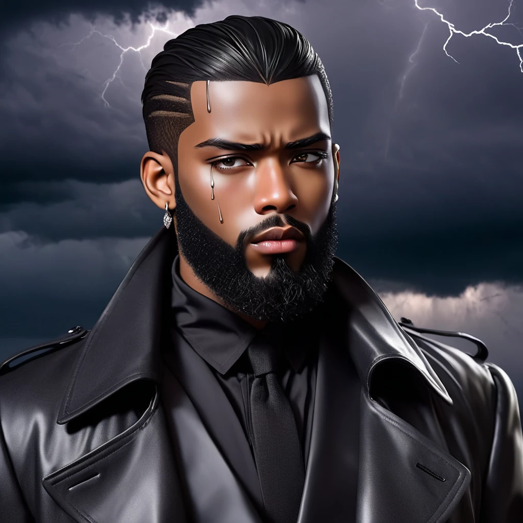 Lighting and thunder crackling and dark gloomy clouds. A black young man with full beards looking at the sky with tears flowing from his eyes. In the dark setting, only the silver sheen of his left earring can be seen. He is dressed in a monotonous suit of black and grey with a black trench coat.