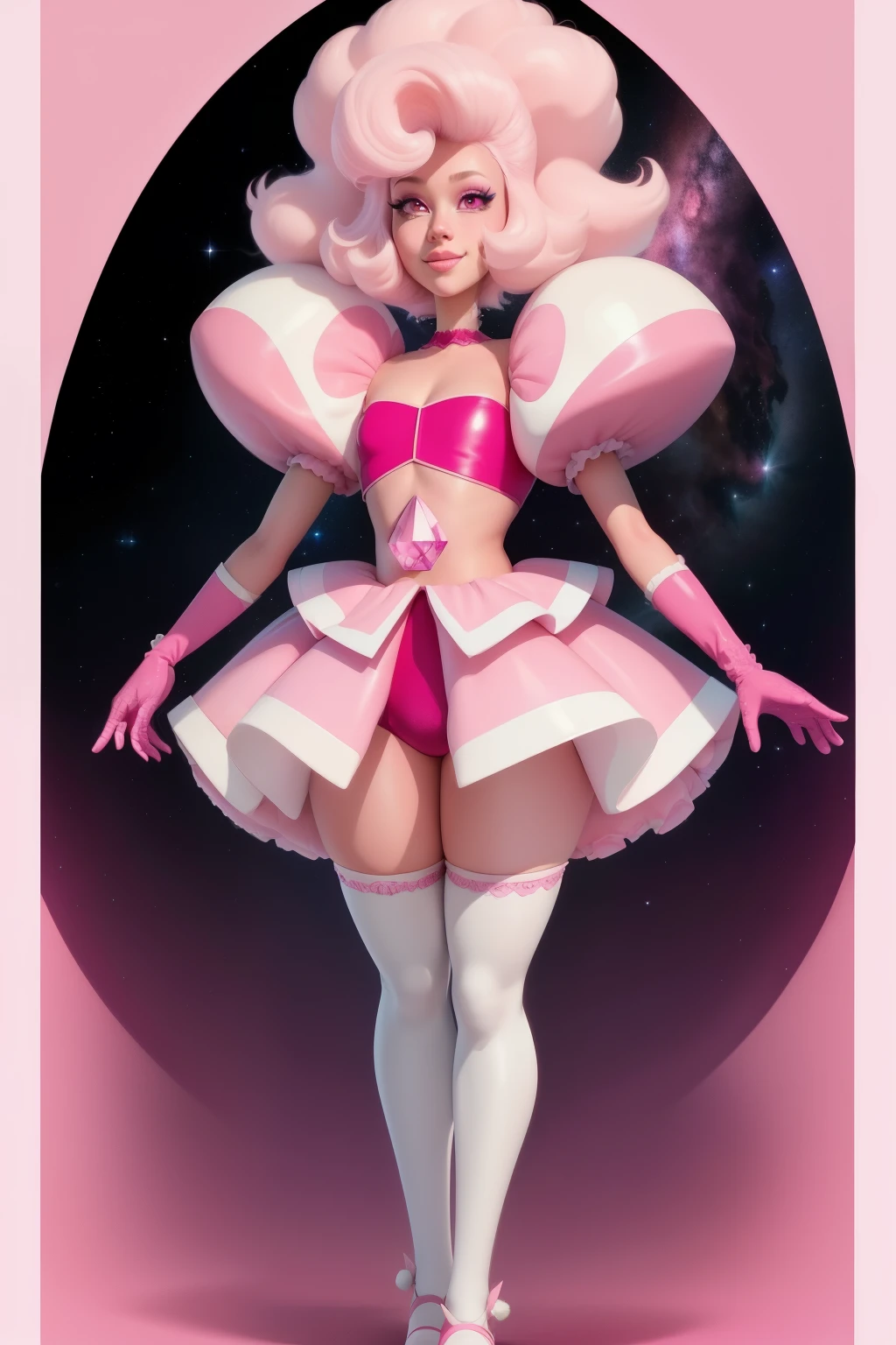 pnkdamond, pink hair, pink eyes,  big hair,  stomach gem,  pink skin,  toned, 
puffy short sleeves, elbow gloves ,  white thighhighs,   puffy dress, 
standing, upper body, 
 outerspace,  
(insanely detailed, beautiful detailed face,beautiful detailed eyes, masterpiece, best quality) cinematic lighting,  smile, 
 