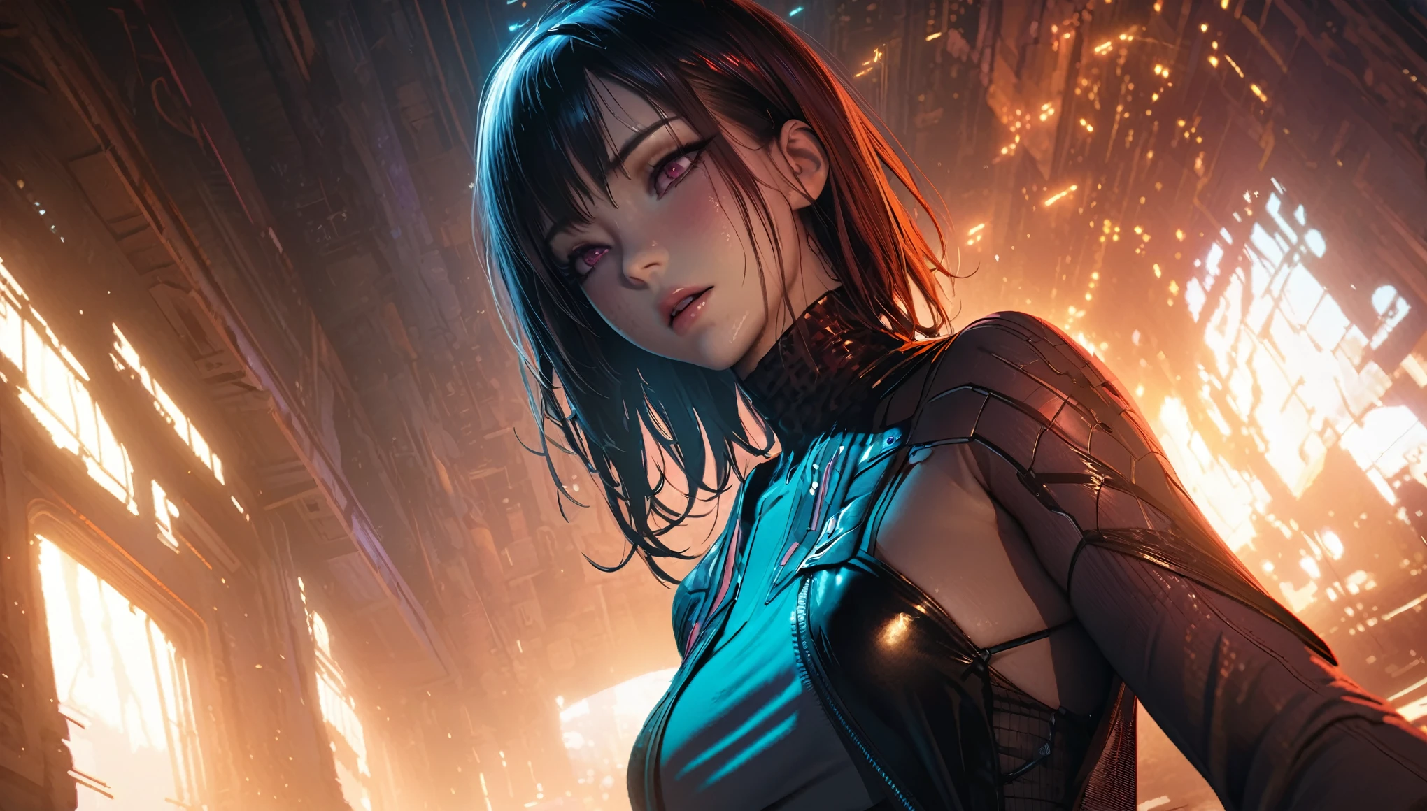 masterpiece, best quality, novel illustration, highres, 1920x1080 resolution, vibrant colors, smooth gradients, atmospheric perspective, intricate details, natural lighting effects, realistic textures, immersive scene, steamy storyline, cyberpunk aesthetic, erotic impression, sensuality,